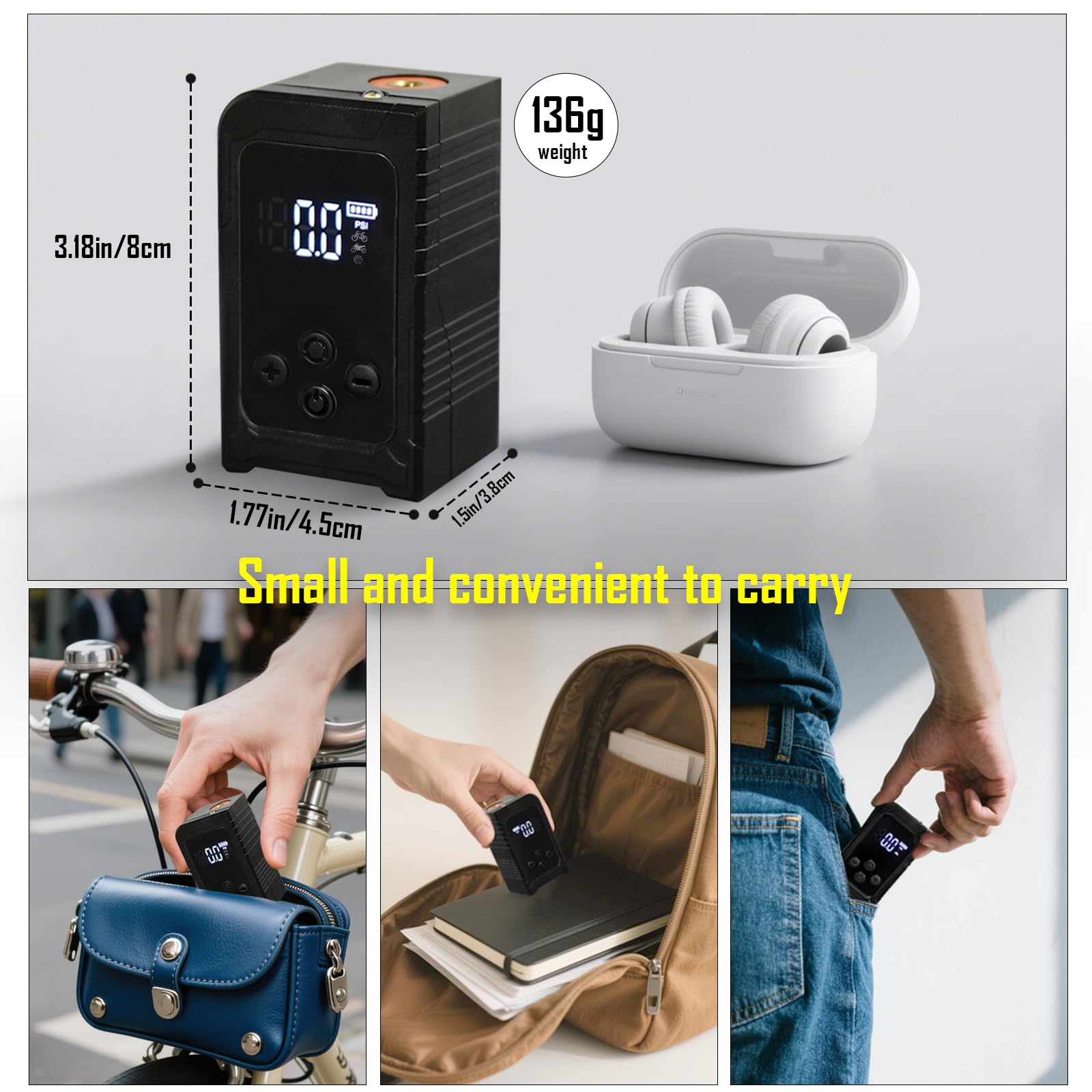 kakoya Mini bomba de neumático de bicicleta con manómetro de 150 PSI, bomba de aire recargable portátil, bomba de aire eléctrica con válvula Presta y Schrader para carretera, bicicleta de montaña