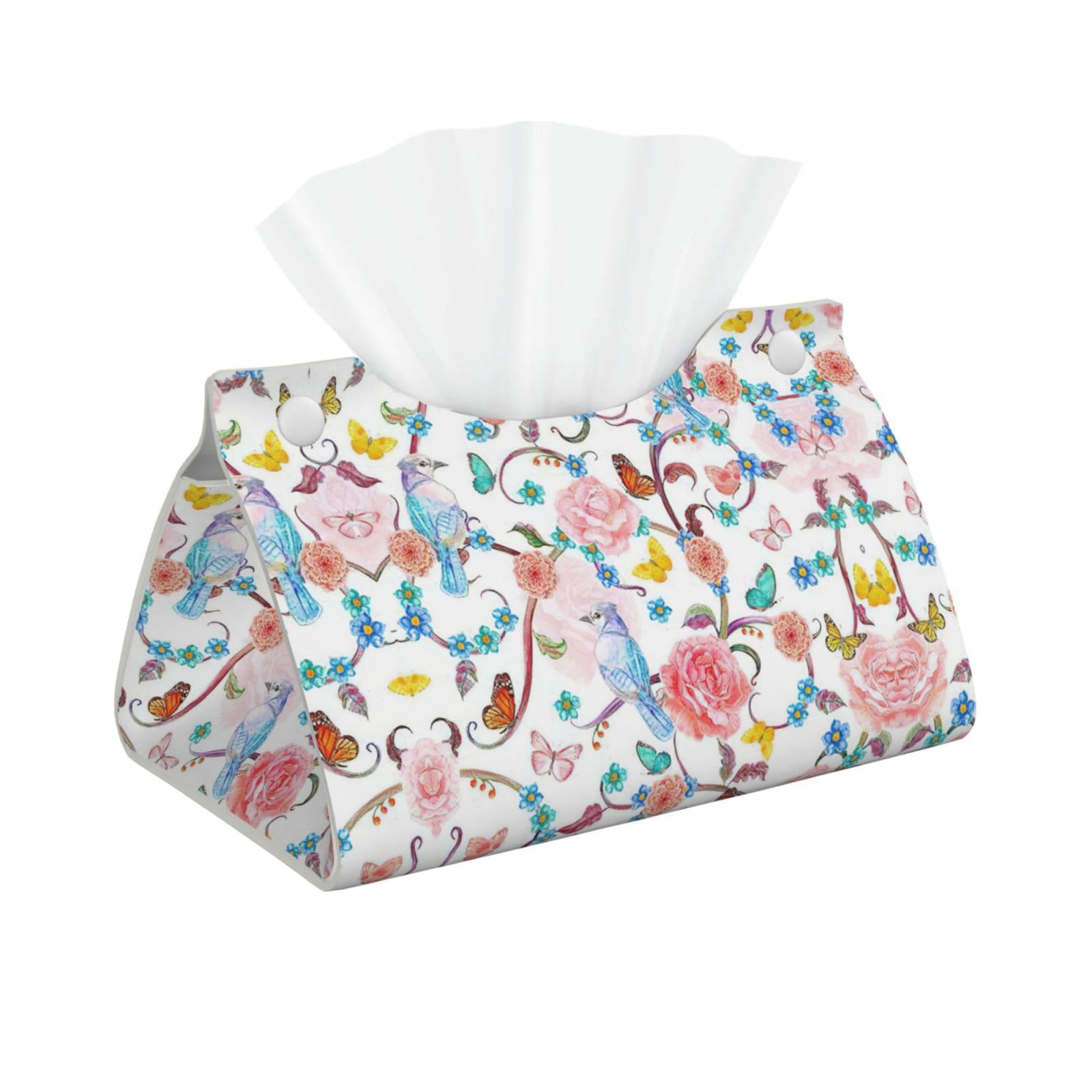 Okfsty White Lightweight Romantic Fancy Floral Birds Butterfly Tissue Box Cover Rectangle Tissue Holder For Bathroom, Vanity, Countertop Tabletop Car Office