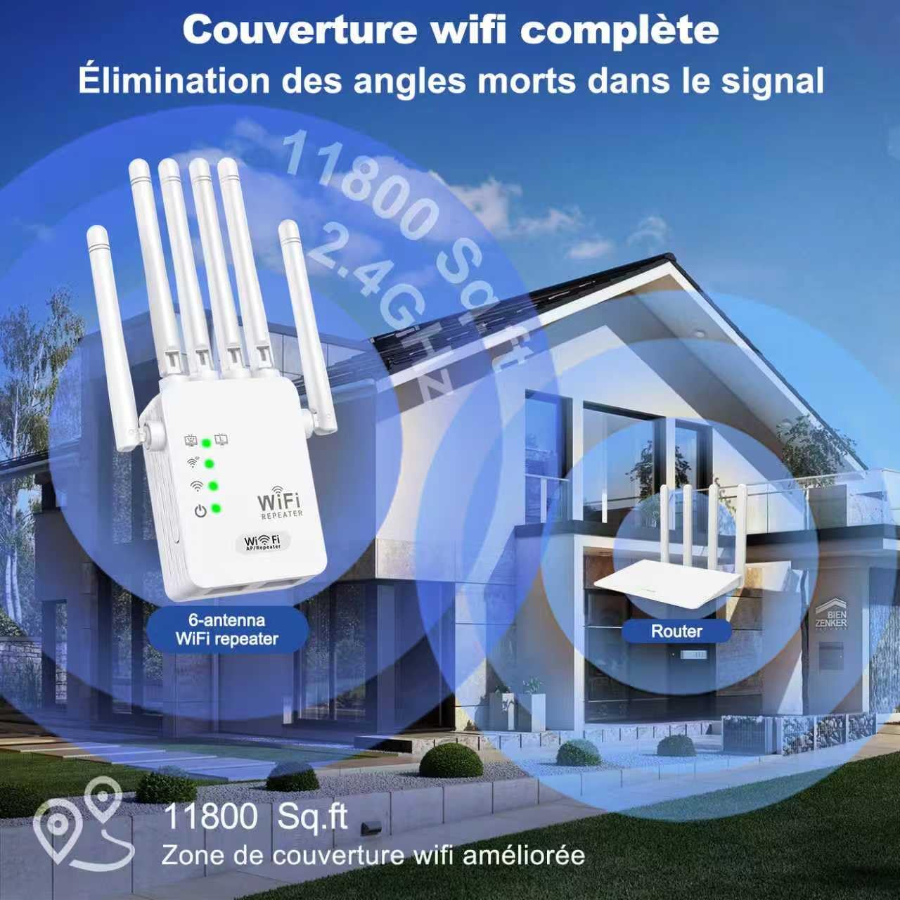 Repeteur WiFi Puissant, Amplificateur Répéteur WiFi 6 Dual Band,repeteur WiFi Puissant avec 6 Antennes Puissantes, 2 Ports LAN,repetiteur WiFi Puissant sans Fil-