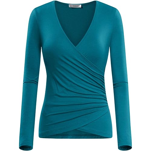 GUBERRY Women's Deep V Neck Long Sleeve Unique Cross Wrap Sexy Slim Fit Tops