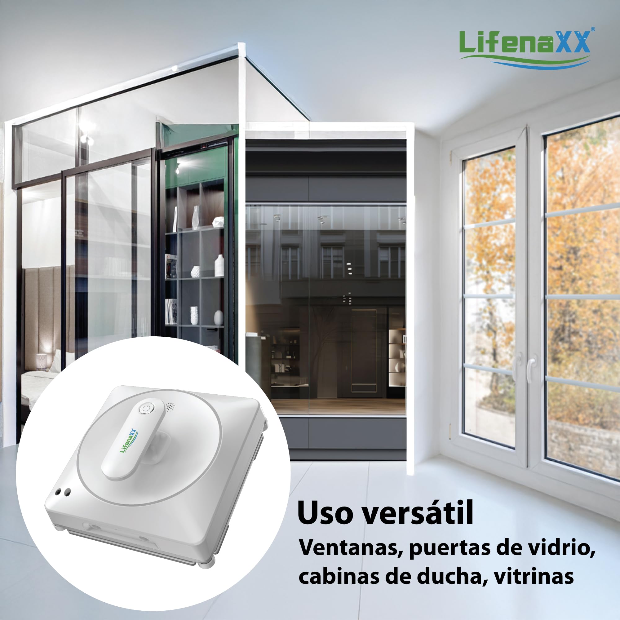 Robot limpiacristales Lifenaxx LX-047, limpiador de ventanas eléctrico con 4 boquillas de pulverización, alta potencia de succión de 4500Pa, gran depósito de agua de 100 ml, 4 modos de limpieza