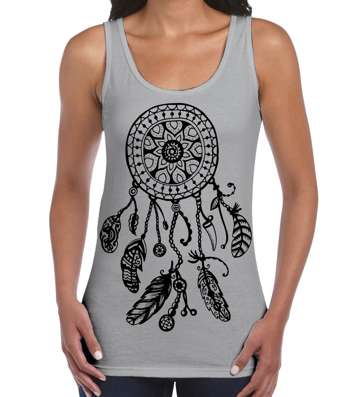 Tribal T-Shirts Womens Dreamcatcher Native American Hipster Large Print Vest Top (Large, Light Grey)