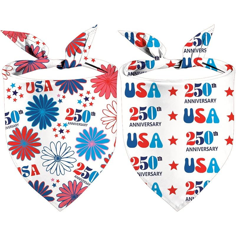Bandanas para Cães Yaofavo Reversíveis em Poliéster, Tema Patriótico 4th of July, 250 Years, Pacote com 2