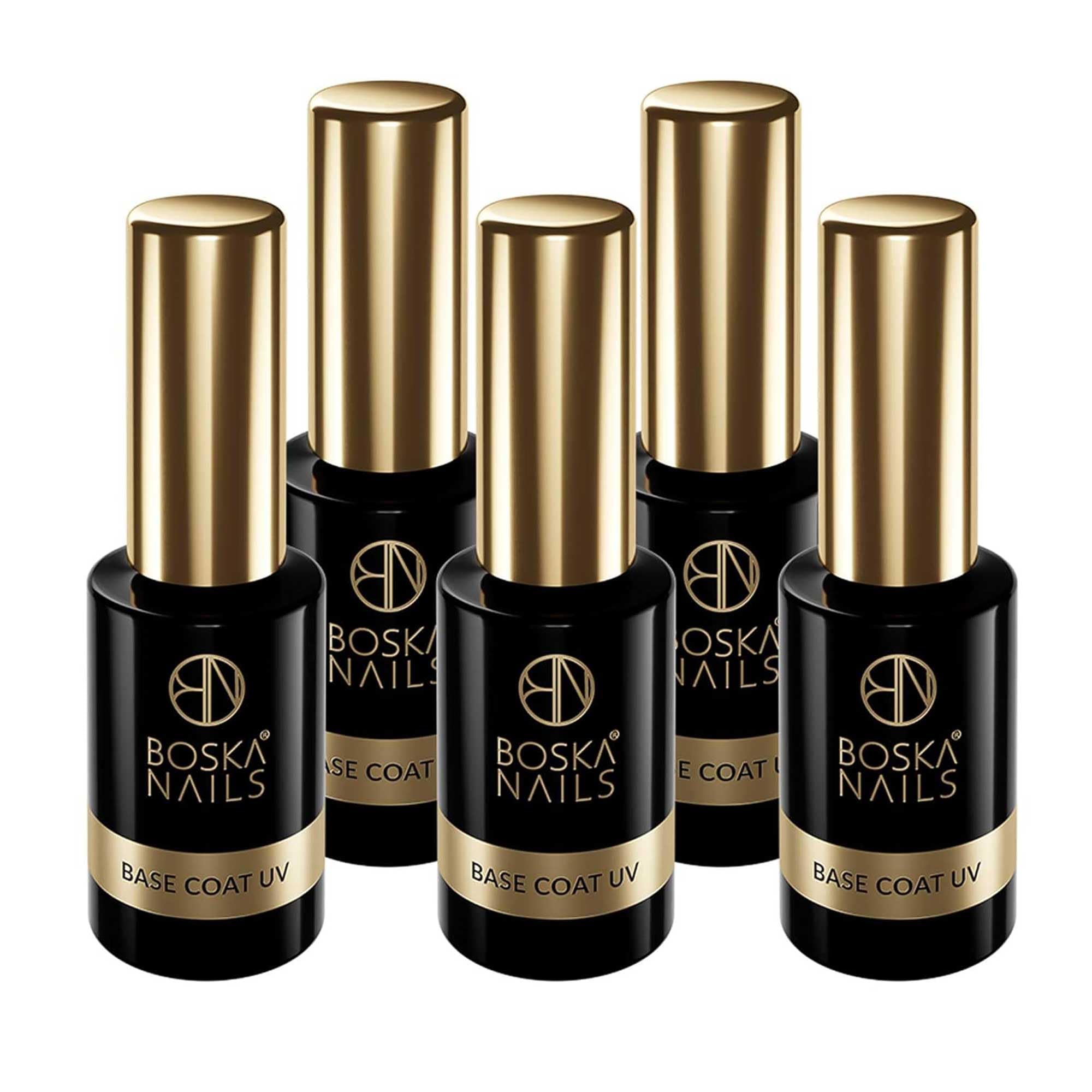 Boska Nails Base Coat zestaw UV 5 x 10 ml profesjonalny żel bazowy do lakierów hybrydowych, przezroczysty podkład UV z przyczepnością i montażem, do studia i częstych zastosowań