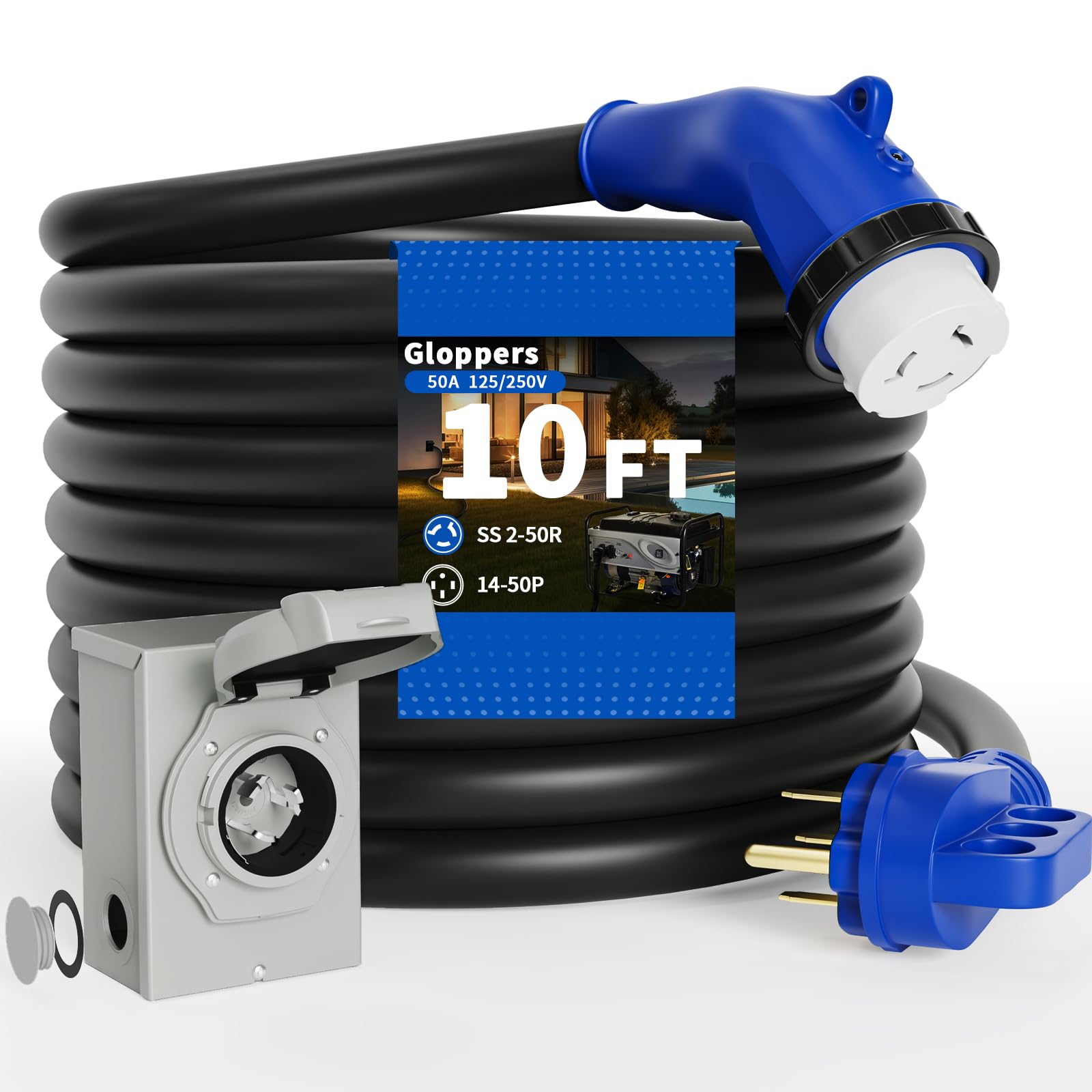 Gloppers 50 Amp Generator Cord and Power Inlet Box 10FT 125V/250V 6/3 AWG+8/1 AWG,STW Pure Copper Generator Extension Cord NEMA 14-50P to NEMA SS 2-