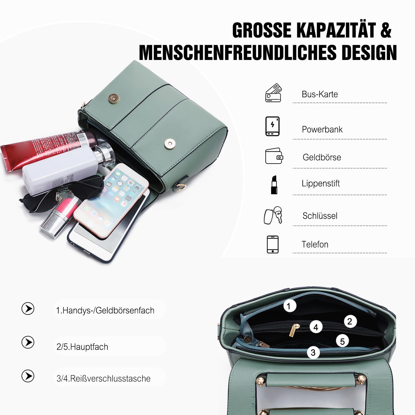 FANDARE Damen Handtaschen Elegant Handy Umhängetasche Crossbody Tasche PU Leder Schultertasche Frauen Handytasche zum Umhängen Schultertasche Portemonnaie Geldbörse Damentasche Grün