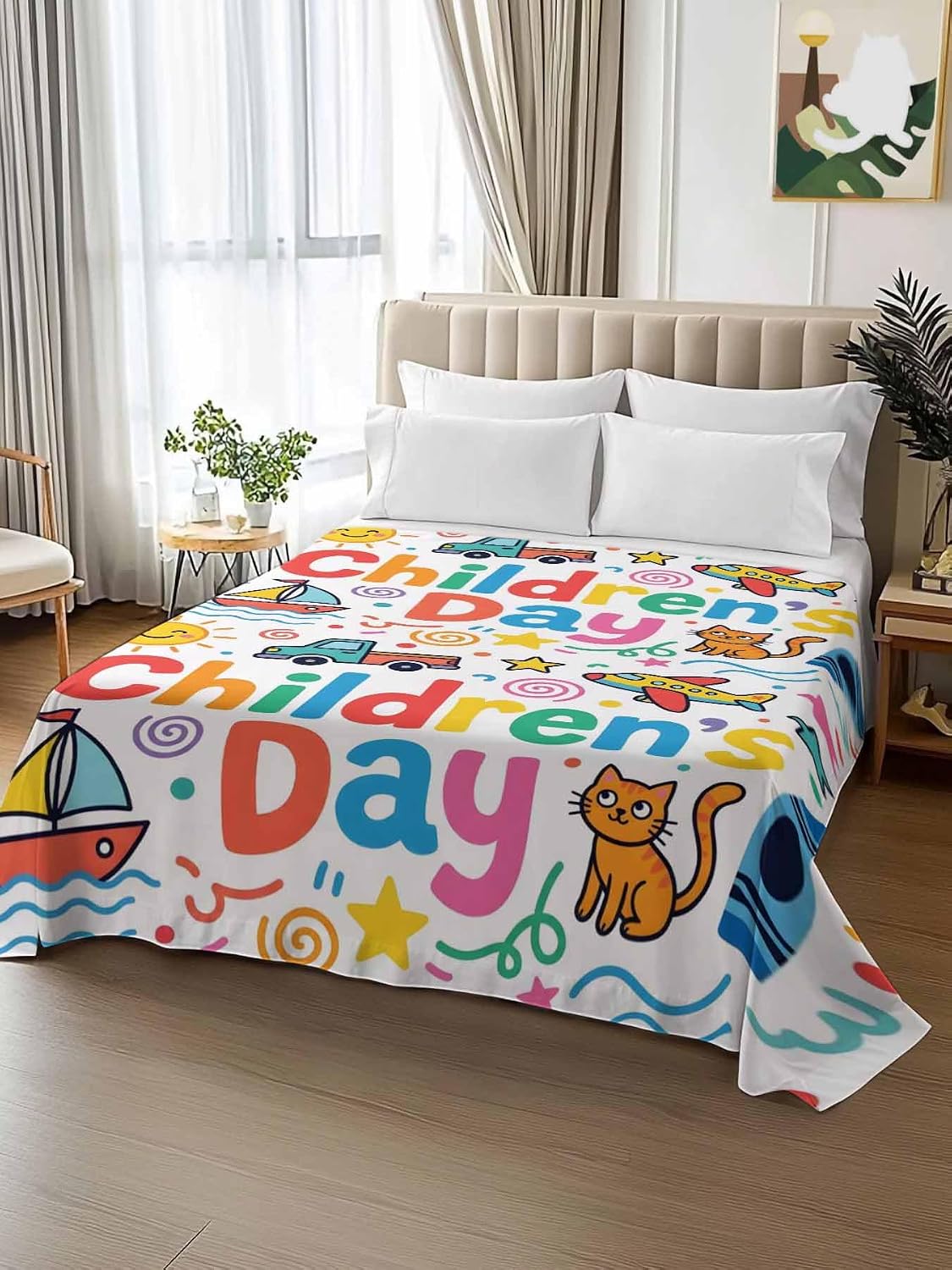 Full Flat Sheet, Children's Day Full Bed Sheets Only, Soft Microfiber Flat Sheet, Cartoon Cute Watercolor Truck Cat Hotel Quality Bedding Top Sheet Bedroom Home Dorm Decor
