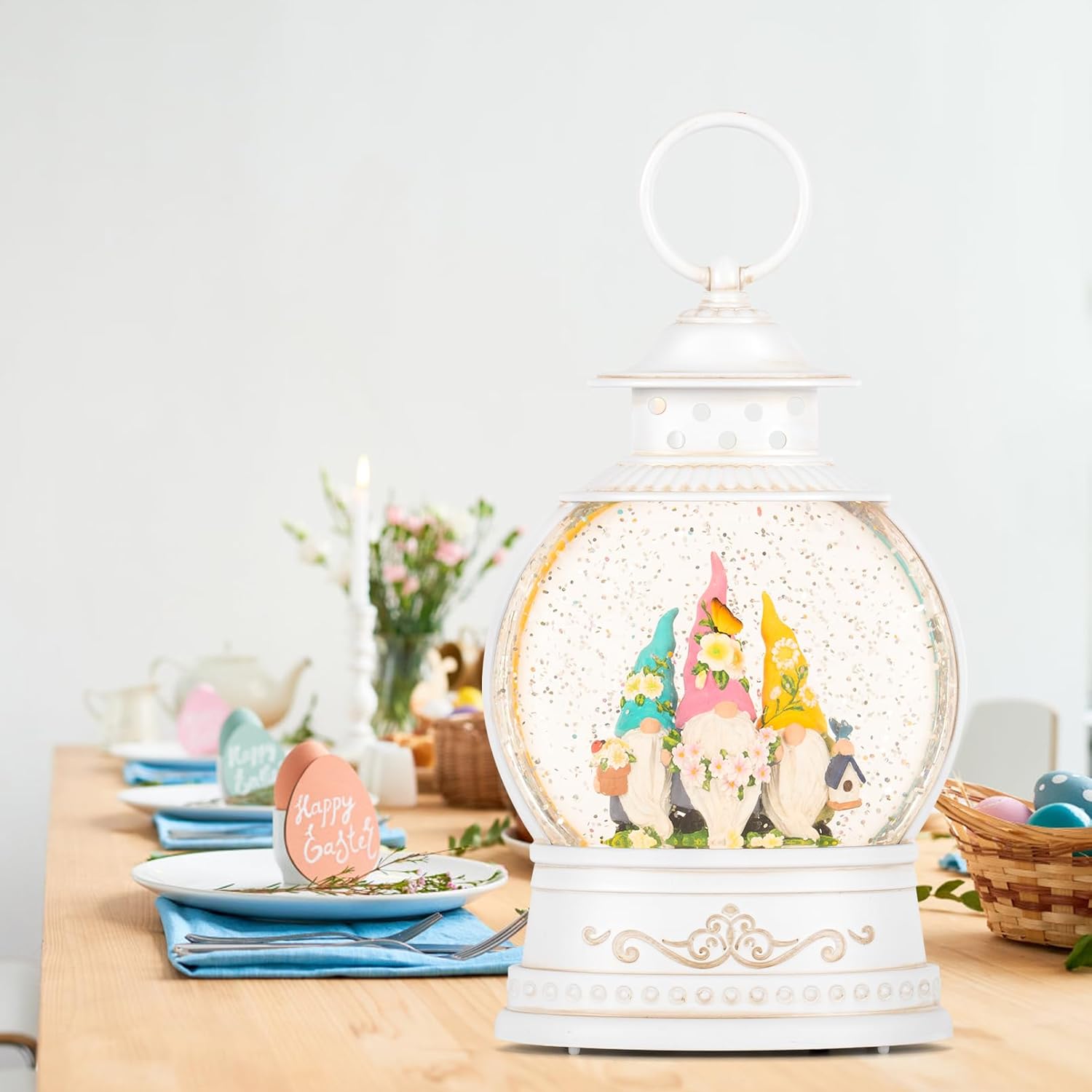 Spring Home Decor Spring Snow Globe 6H Timer with Swirling Glitter,Spring Gnomes Decorations Spring Holiday Easter Decorations for Home Shelf Decor and Gifts,Battery Operated & USB Operated - Image 2