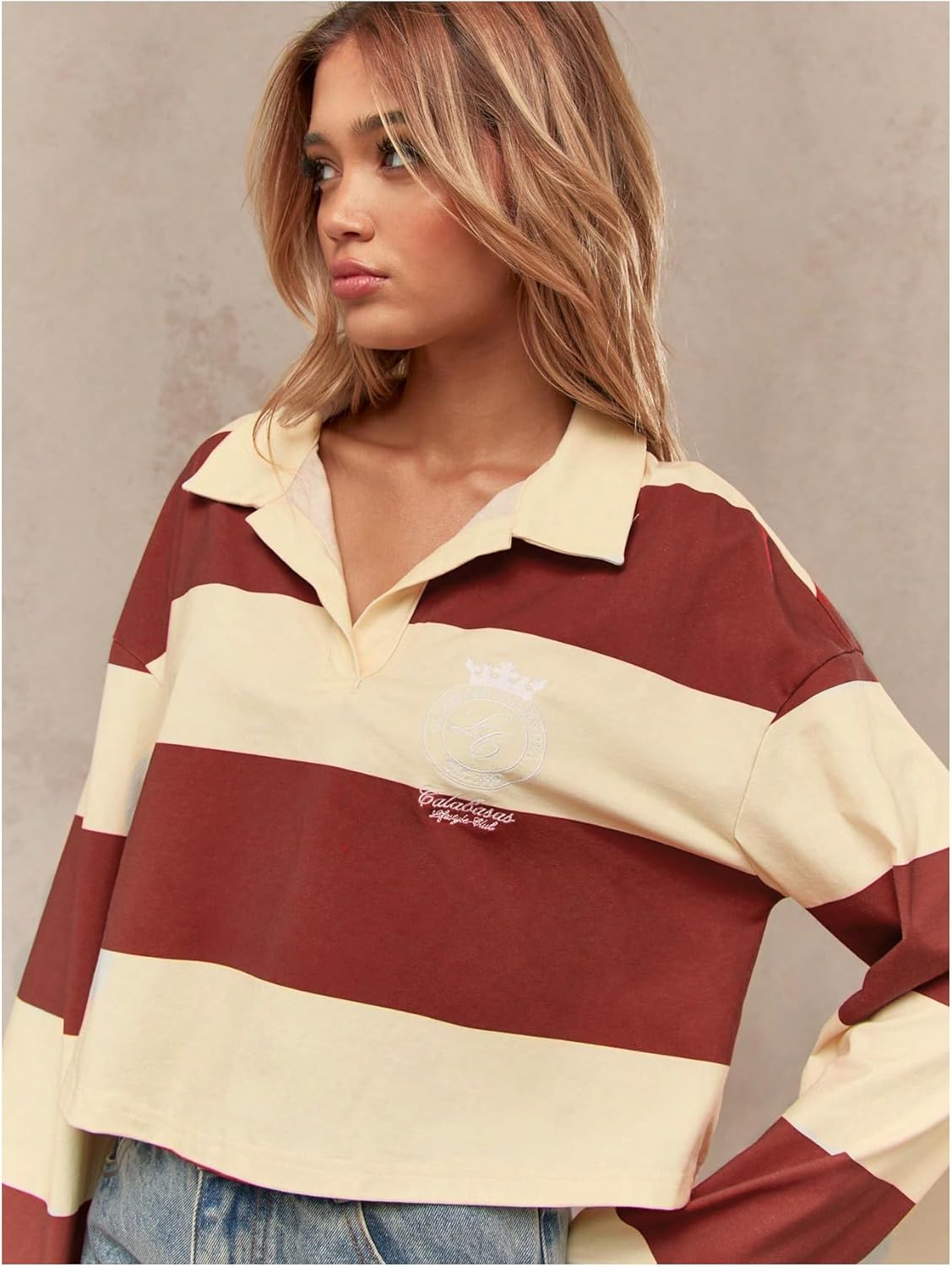 SweatyRocks Women's Rugby Shirt Striped Crop Sweatshirt Pullover Long Sleeve Tennis Cropped Tops Streetwear - Image 3