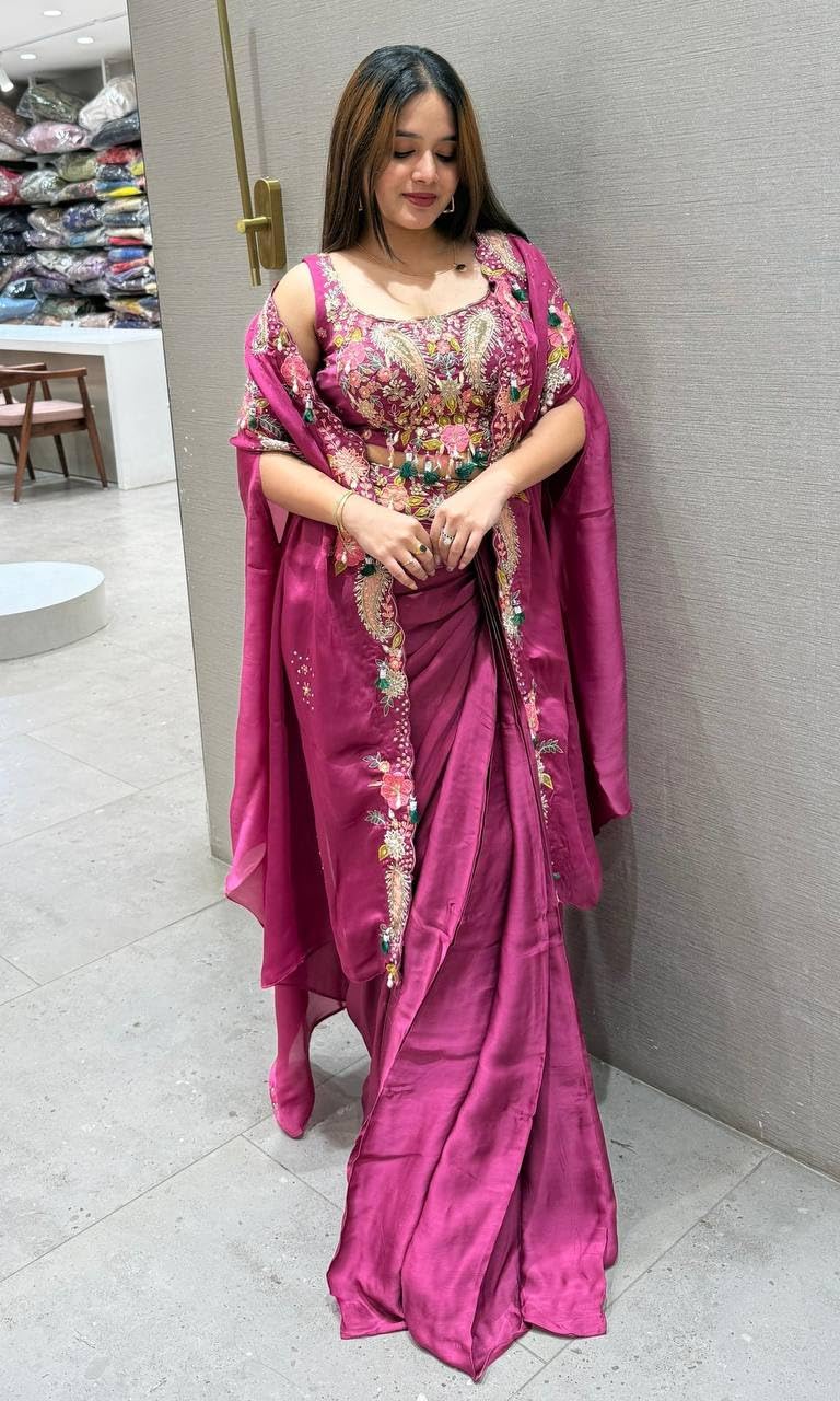 Speciel Outfit Chinon silk Fabric Dhoti With Cording Work Bl…