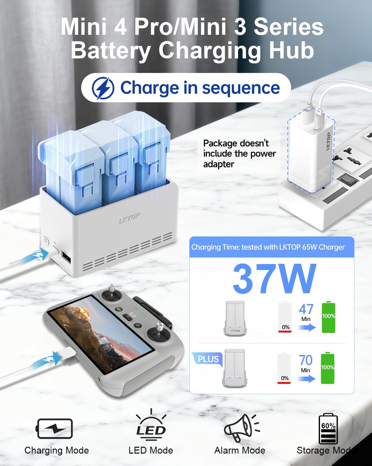 LKTOP 37W Mini 5/4/3 Series Battery Charing Hub for DJI Mini 5 Pro/4 Pro/3 Pro/3, SKYROVER X1 Drone Accessories, 37W Fast USB-C Power Adapter, Storage LED Lights Alarm Mode (Charge in Sequence, 50min)