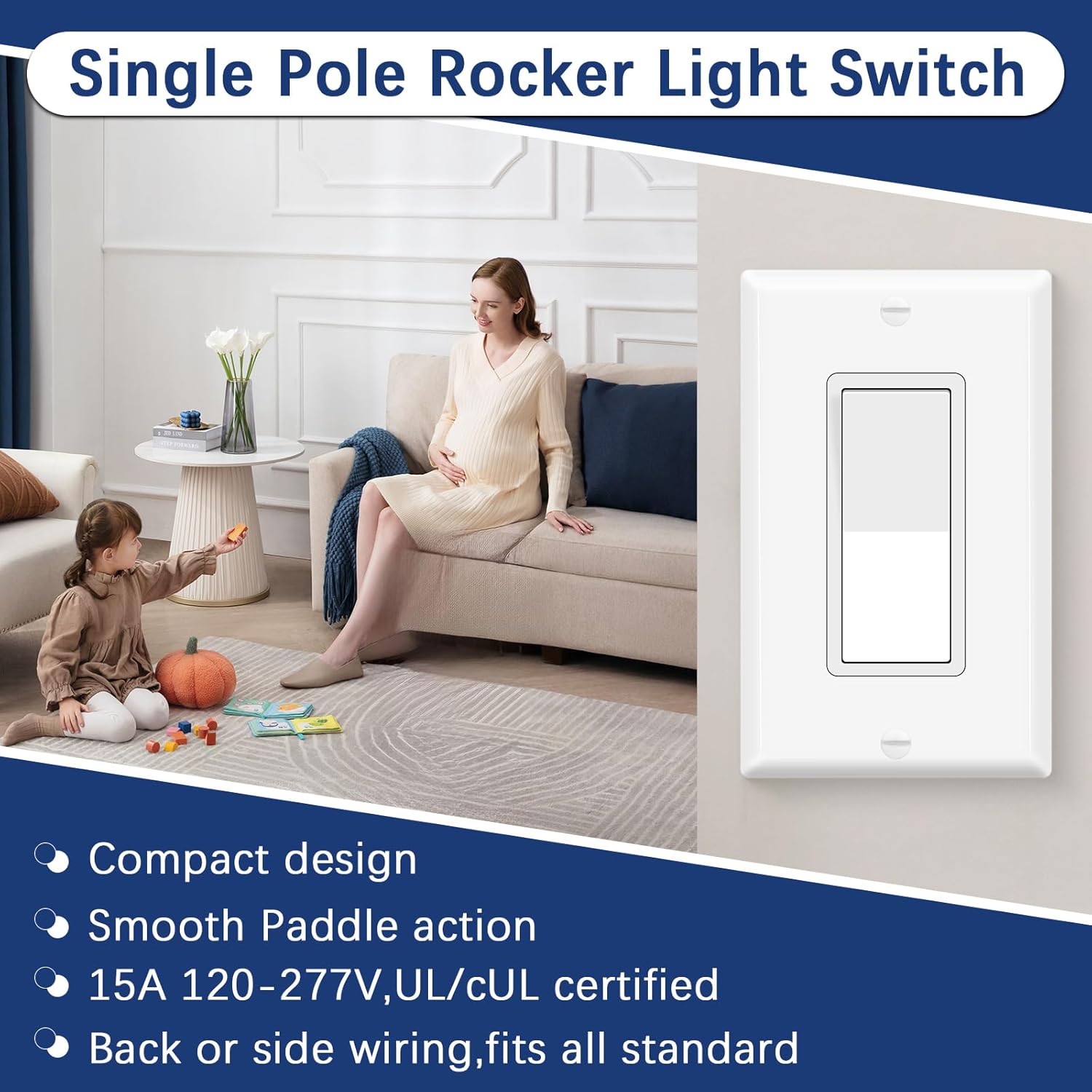 Single Pole Rocker Light Switch,KCMYTONER 10 Pack Decora Switch White, 15 Amp Paddle Rocker Light Switch,120V-277V AC,On/Off Wall Switch, Quiet, Residential/Commercial Grade,Home & Office,UL Listed