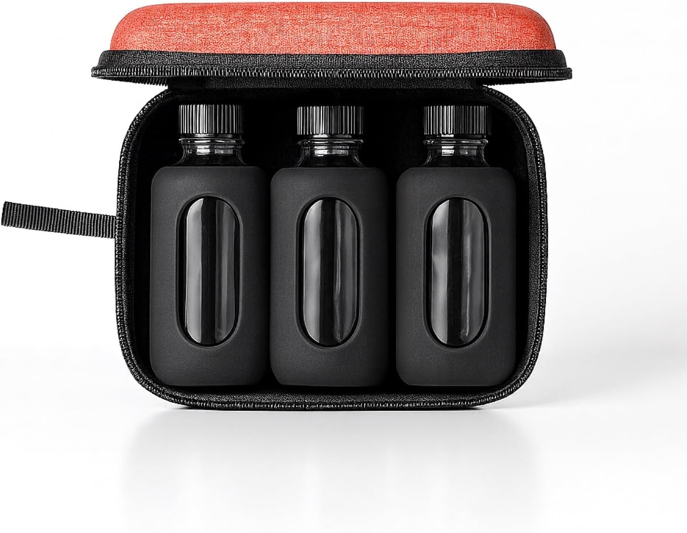 BYOS Bottle Flight Travel Set – 3×2 oz Silicone-Wrapped Boston Round Bottles in EVA Case – Leak-Proof, Gift & Travel ready, TSA-Friendly for Hot Sauce, Bitters, Spirits & More (Empty Bottles, Red)