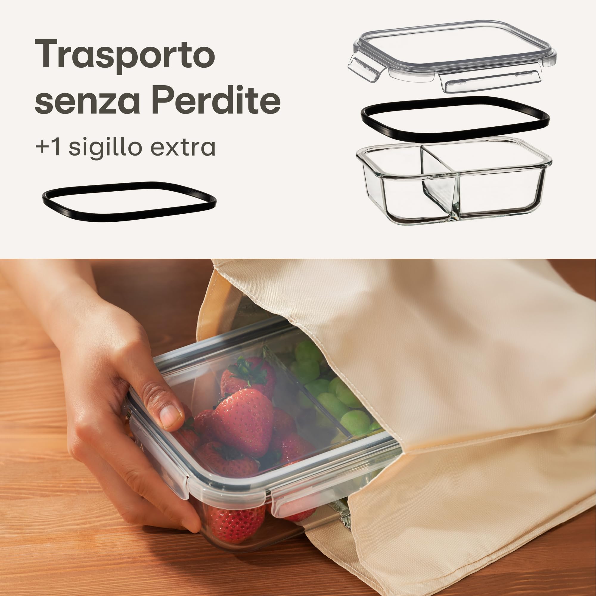 Praknu Meal Prep Contenitori con 2 Scomparti - 2 Pezzi Contenitori in Vetro Ermetici per Alimenti 1000ml - Per Microonde, Lavastoviglie, Forno