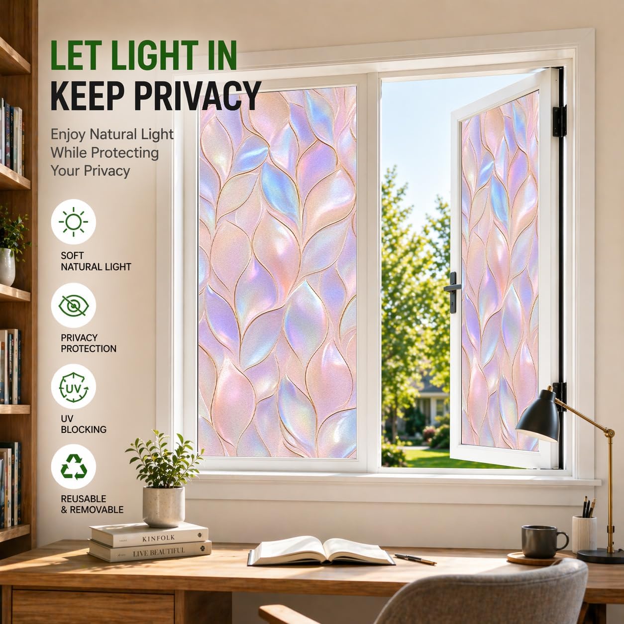 Removable Window Privacy Film 17.5 x 39.4 Inches, Static Cling No Adhesive No Residue, Cut to Custom Size, Iridescent Leaf Petal Stained Glass Design, UV Blocking Heat Control, Fits Curved Glass