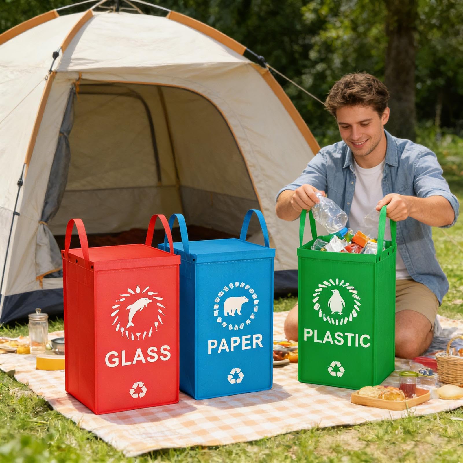 Bolsas De Reciclaje Reutilizables | Bolsas De Reciclaje Separadas | Sacss Dee Tri Impermeables Y Resistentes Con Asas | Cesta De Almacenamiento Plegable Para La Cocina | Oficina | Patio | Césped | Po