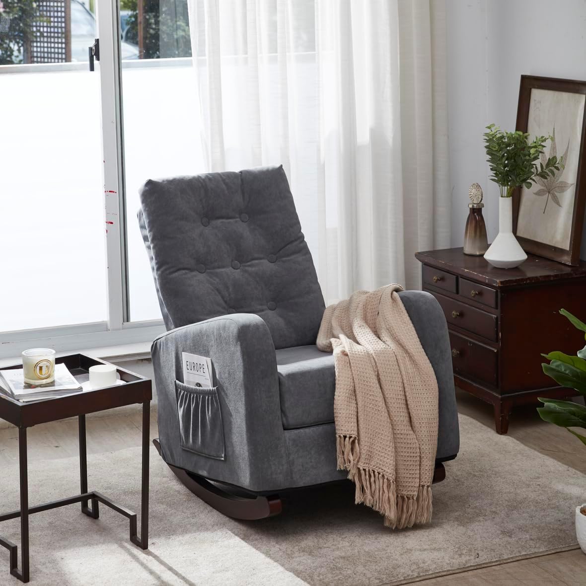 Amazon.com: High Back Rocking Chair, Linen Fabric Single Sofa Chair ...
