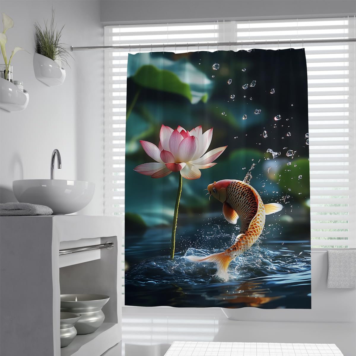 Uiringart Shower Curtains Graceful Koi Bathroom Curtains W100xl200cm Lotus Bloom Water Droplets Pond Flora Scene Water-Repellent Machine Washable Polyester Fabric Bath Shower Curtain For Wet Room With Hooks