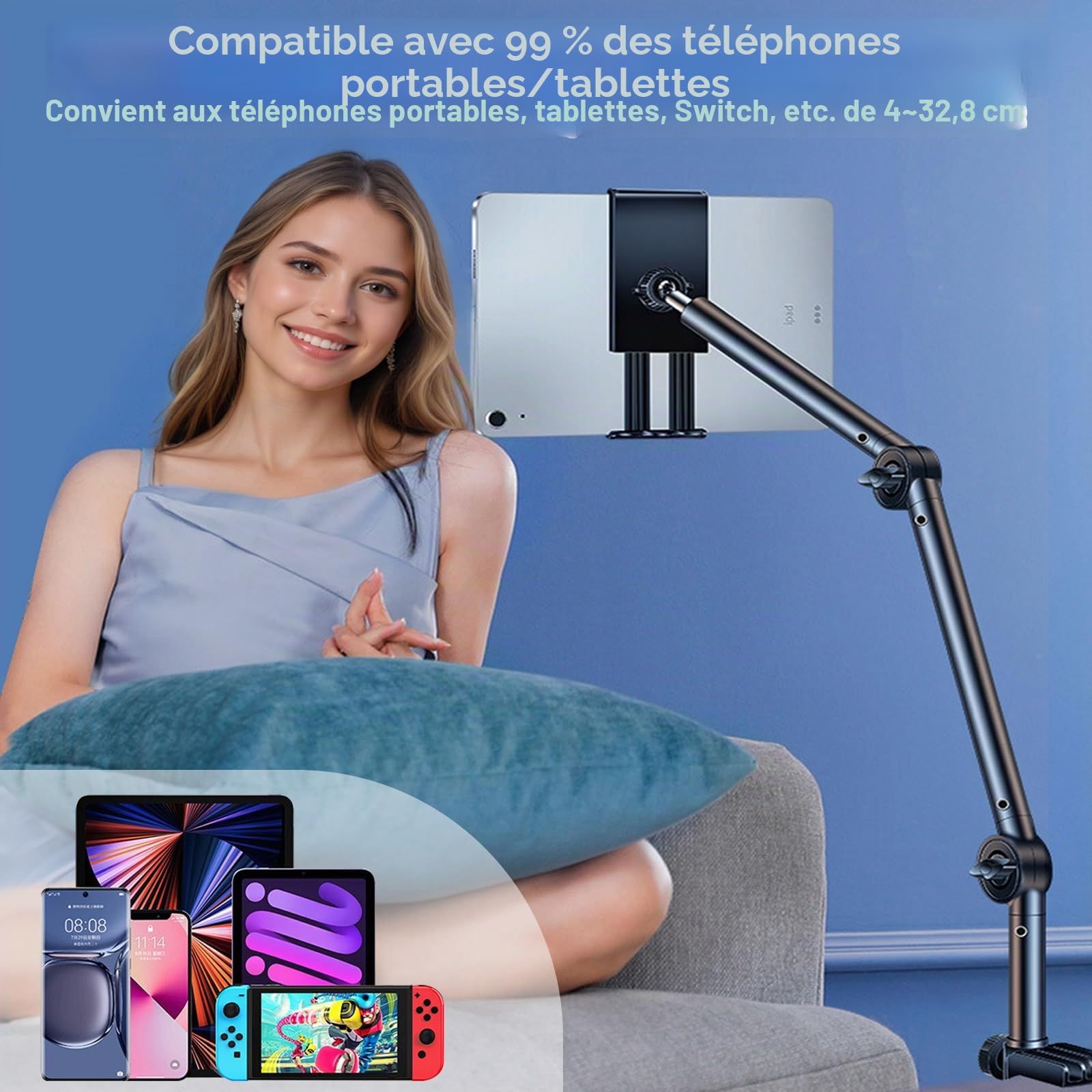 Support de tablette pour iPad, téléphone portable, tablette avec base en métal rotative à 360°, pour tous les appareils de 4,7 à 13 pouces