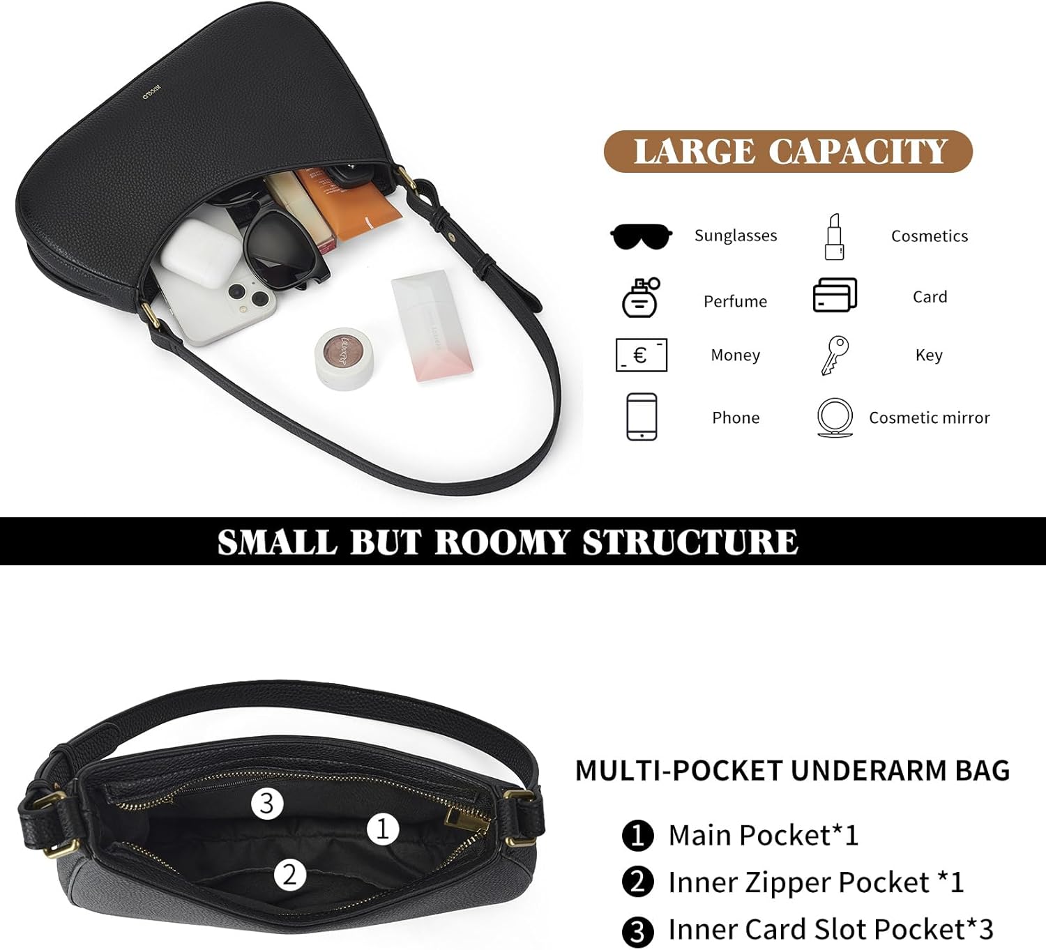 Shoulder Bag for Women, Small Cute Purse Leather Handbag, Trendy Crescent Clutch with Zipper Little Lightweight Going Out Bag - Image 4