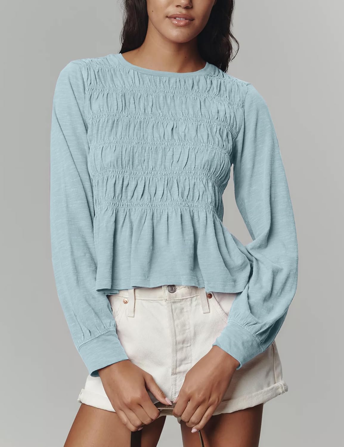 OPCAKM Womens Smocked Shirred Peplum Blouse Long Sleeve Crew Neck Ruffle Babydoll Tunic Chic Slimming Pullover Top - Image 2