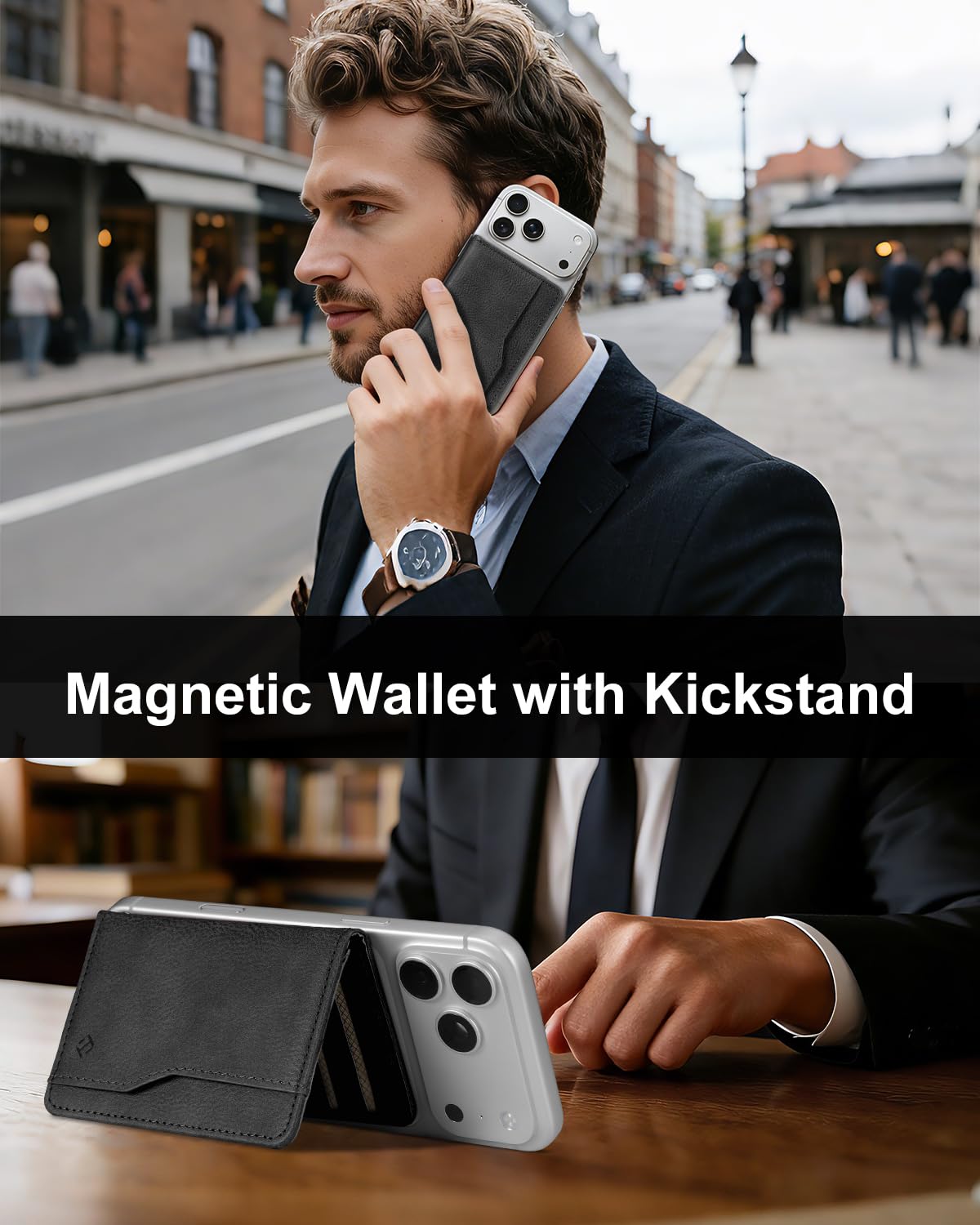 CASEBOT für MagSafe Wallet mit starkem Magnet & RFID-Schutz, schlanke Kartenhalterung aus PU-Leder für iPhone 17/16/15/14/13/12 Pro/Max/Plus, abnehmbares Klappetui für Damen und Herren, Schwarz
