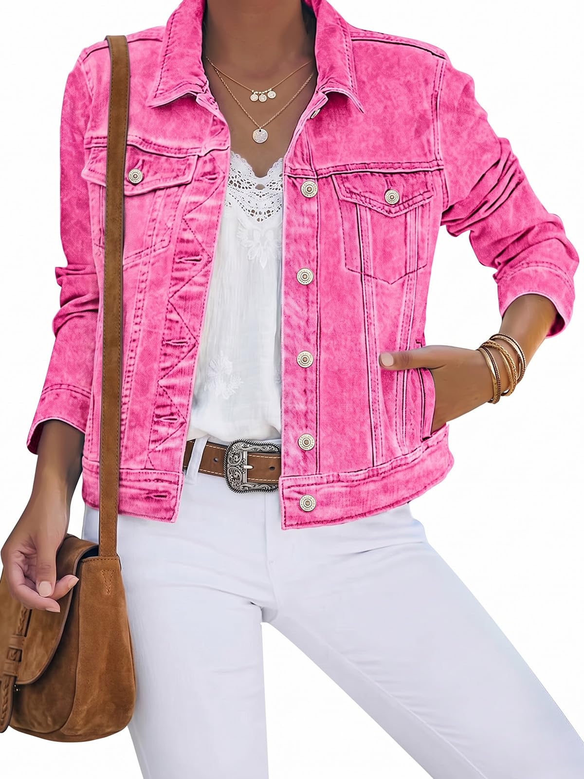 luvamia Women's Basic Button Down Stretch Fitted Long Sleeves Denim Jean Jacket