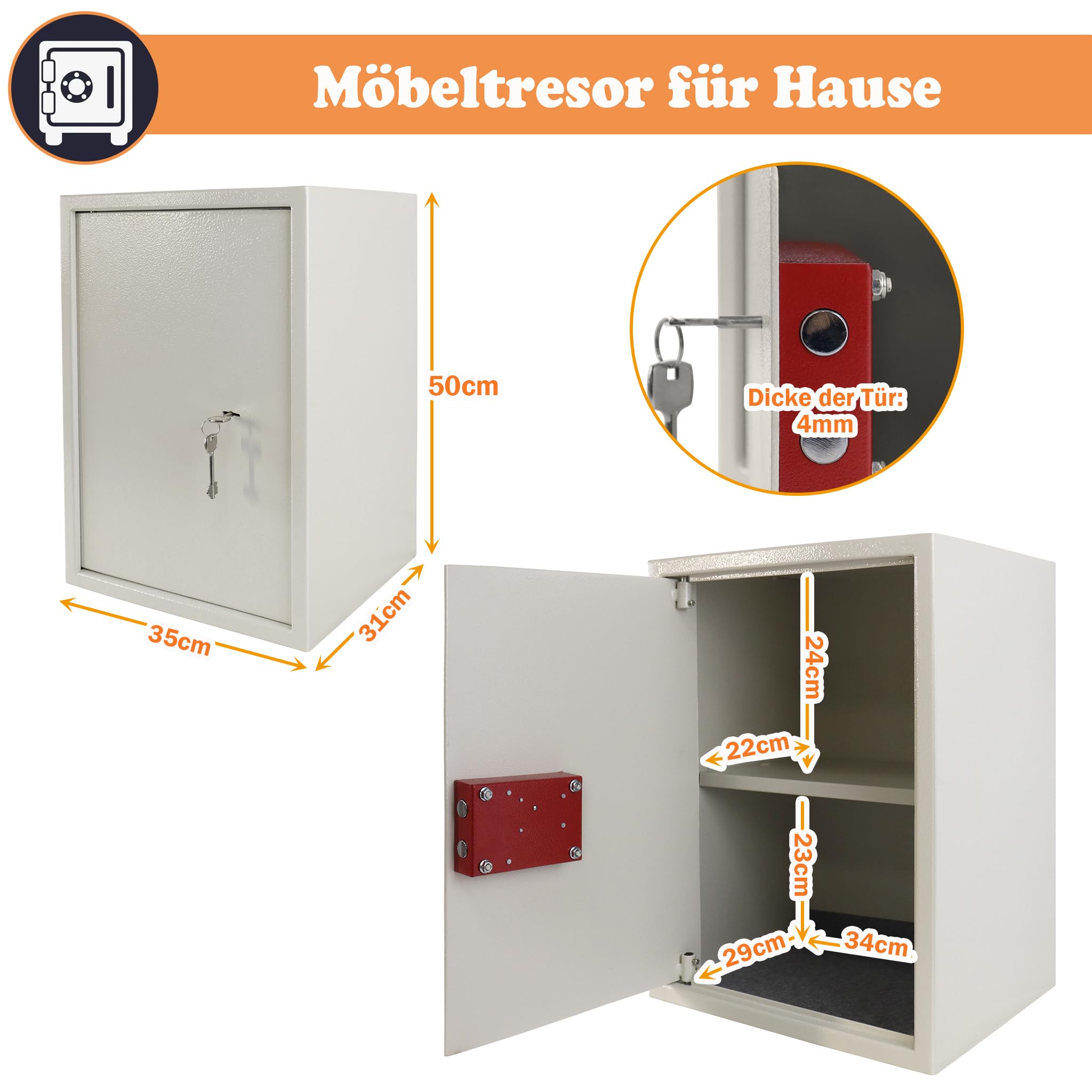 Safe Tresor Meubelkluis met mechanisch cijferslot dubbelbaardsluiting Kastkluis Geldkast Muurkluis Wandsafe incl. 2x sleutels 6kg 9kg (350x250x250 cm Grijs