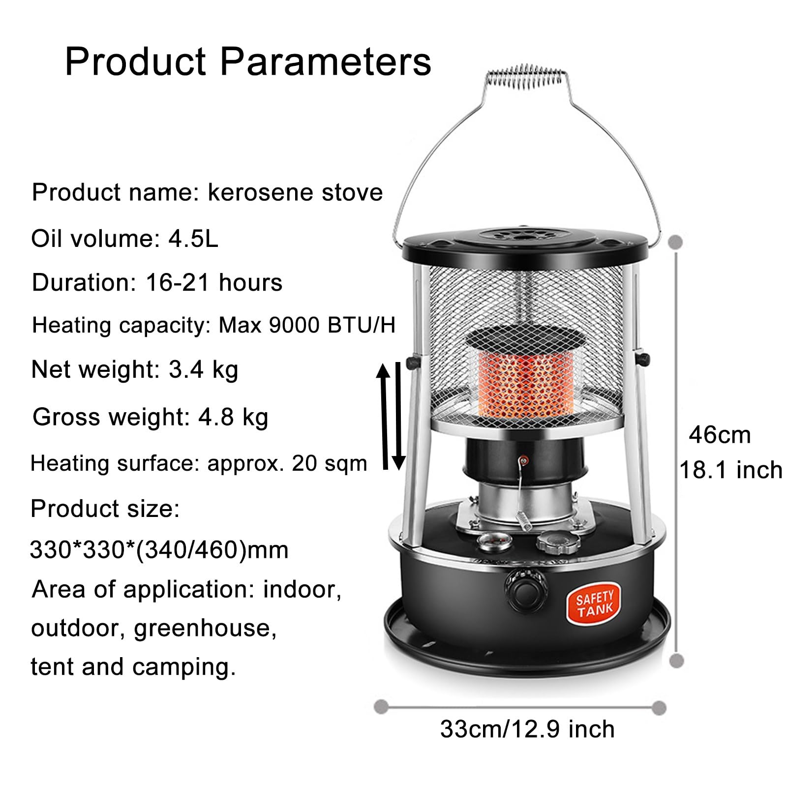 4.5L Petroleumofen für Innenräume, Petroleumheizung mit Löschautomatik, Petroleum Heizung Ohne Strom Petroliumheizer für Outdoor Camping(Green)