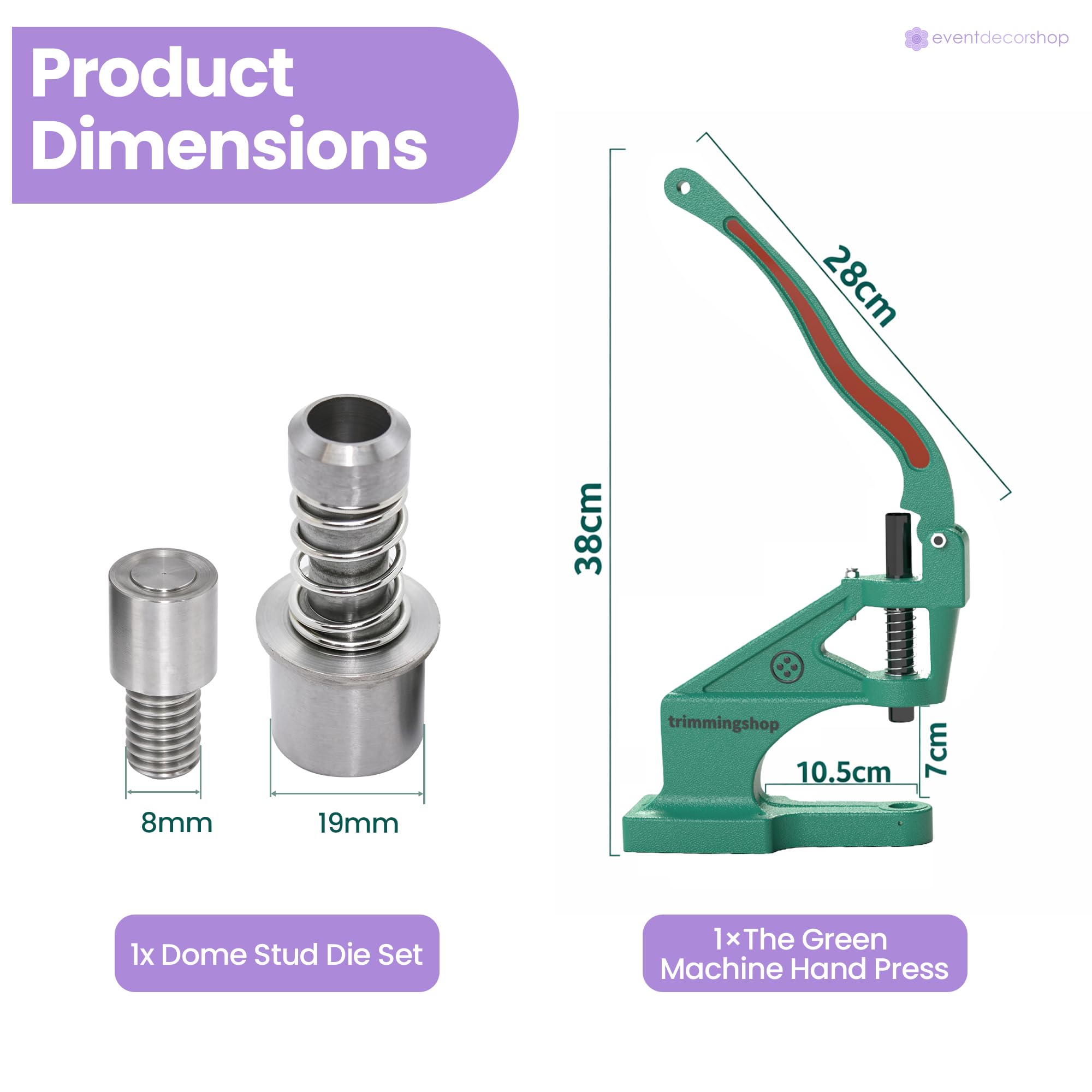 Event Decor Shop Juego de troqueles de 6 mm con cabeza redonda de cúpula punk, herramienta de instalación con máquina de prensa manual verde para proyectos de bricolaje, manualidades en cuero, ropa