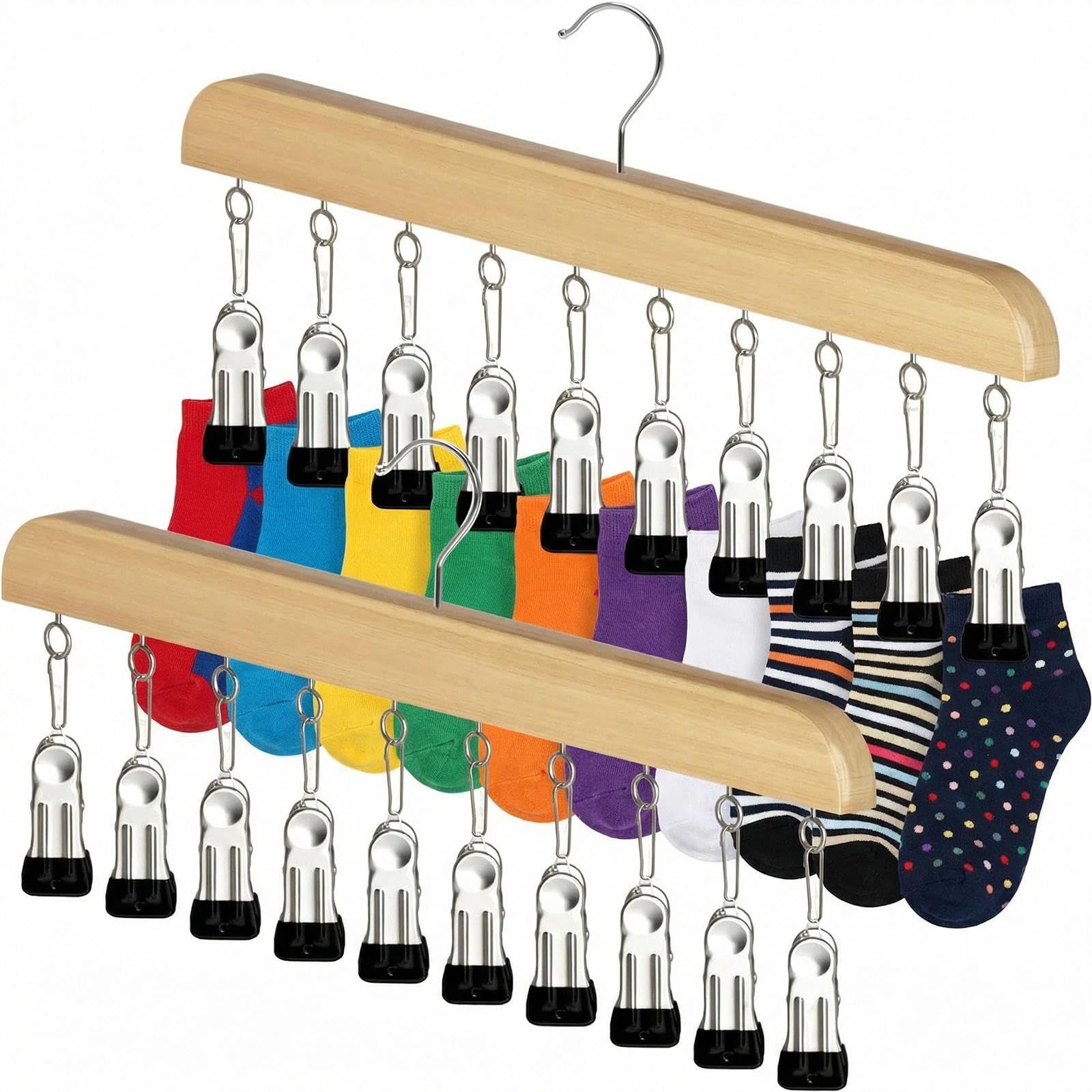 Dwitkul 2 Pieces Wooden Sock Dryers with 10 Clips Clothes Airer with Hook Cup for Socks, Underwear, Towels, Hats