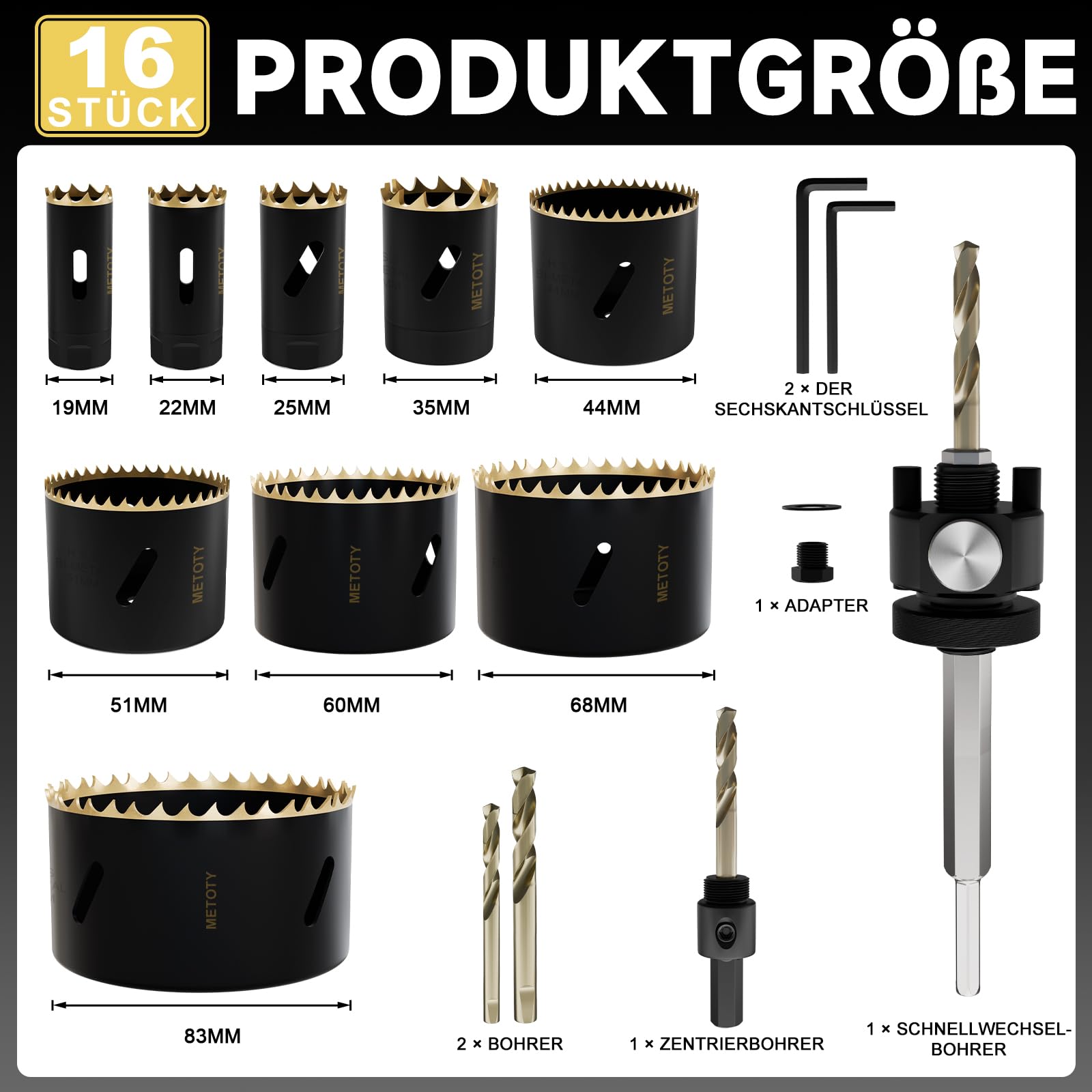16 piezas (19 a 83 mm) Bi-Metal Sierra de corona Kit, con arbors de cambio rápido, para madera, metal, plástico y PVC, juego completo profesional con carcasa