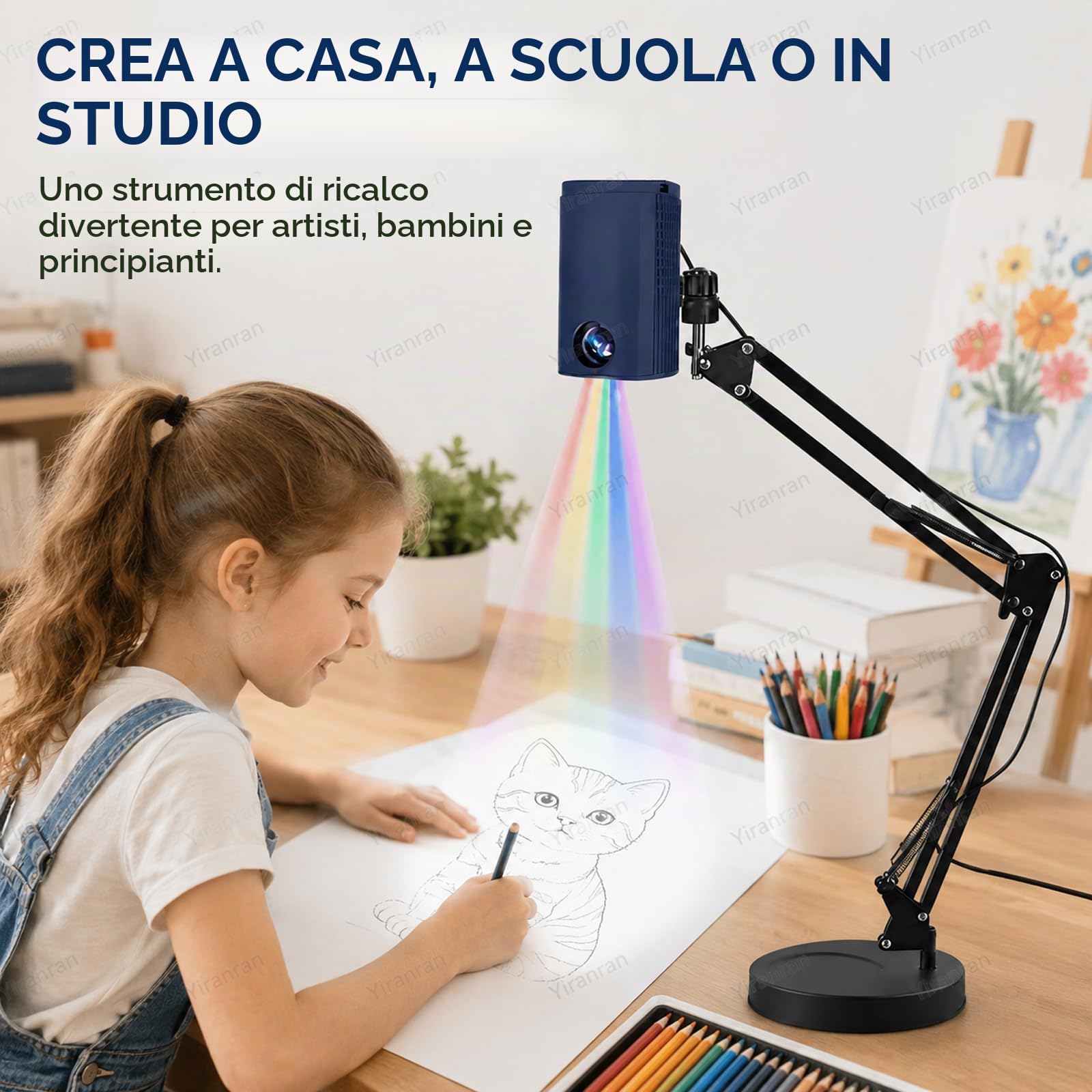 Proiettore per disegno, Proiettore artistico per ricalcare, disegnare e dipingere, Il dispositivo supporta telefoni cellulari, chiavette USB, connettività Wi-Fi e USB per un facile trasferimento