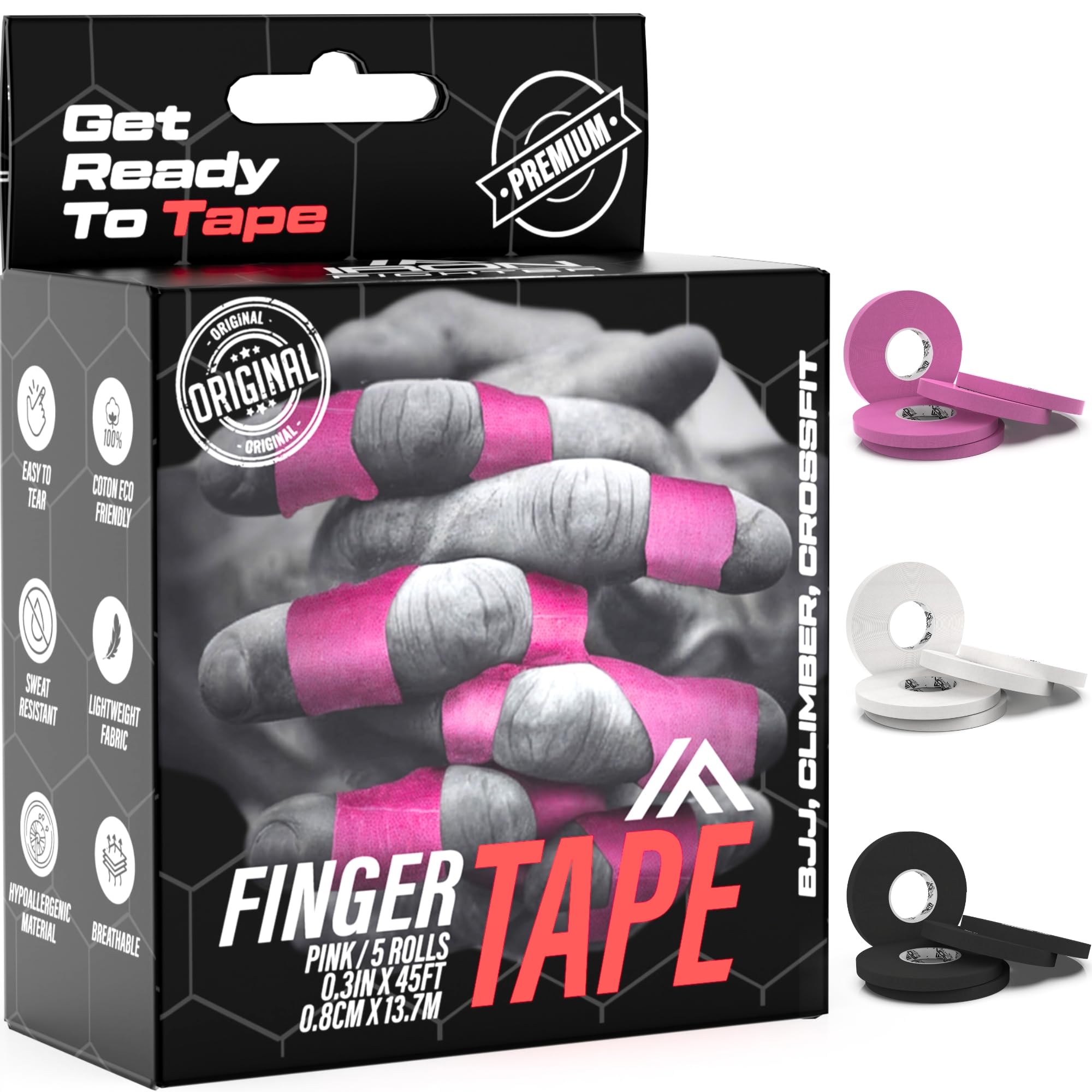 IRON FIGHTER 5X Rolls of Finger Tape Sports 0,8CM/0.3IN X 13,7M/45FT - Zinc Oxide Tape - BJJ Brazilian Jiu Jitsu - Rock Tape for Climbing - Crossfit - Judo - Volleyball - Pink Sports Tape Strapping