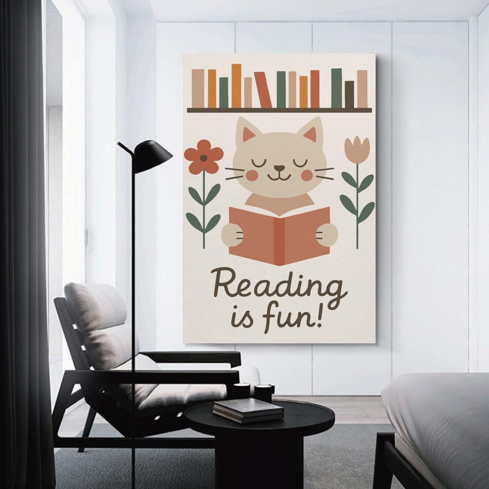 Junmoney Room Decor Wall Art Cat Reading Book Illustration, 16x24inch(40x60cm), for Gallery Wall Layouts in Home Or Office, Home Wall Art for Statement Displays