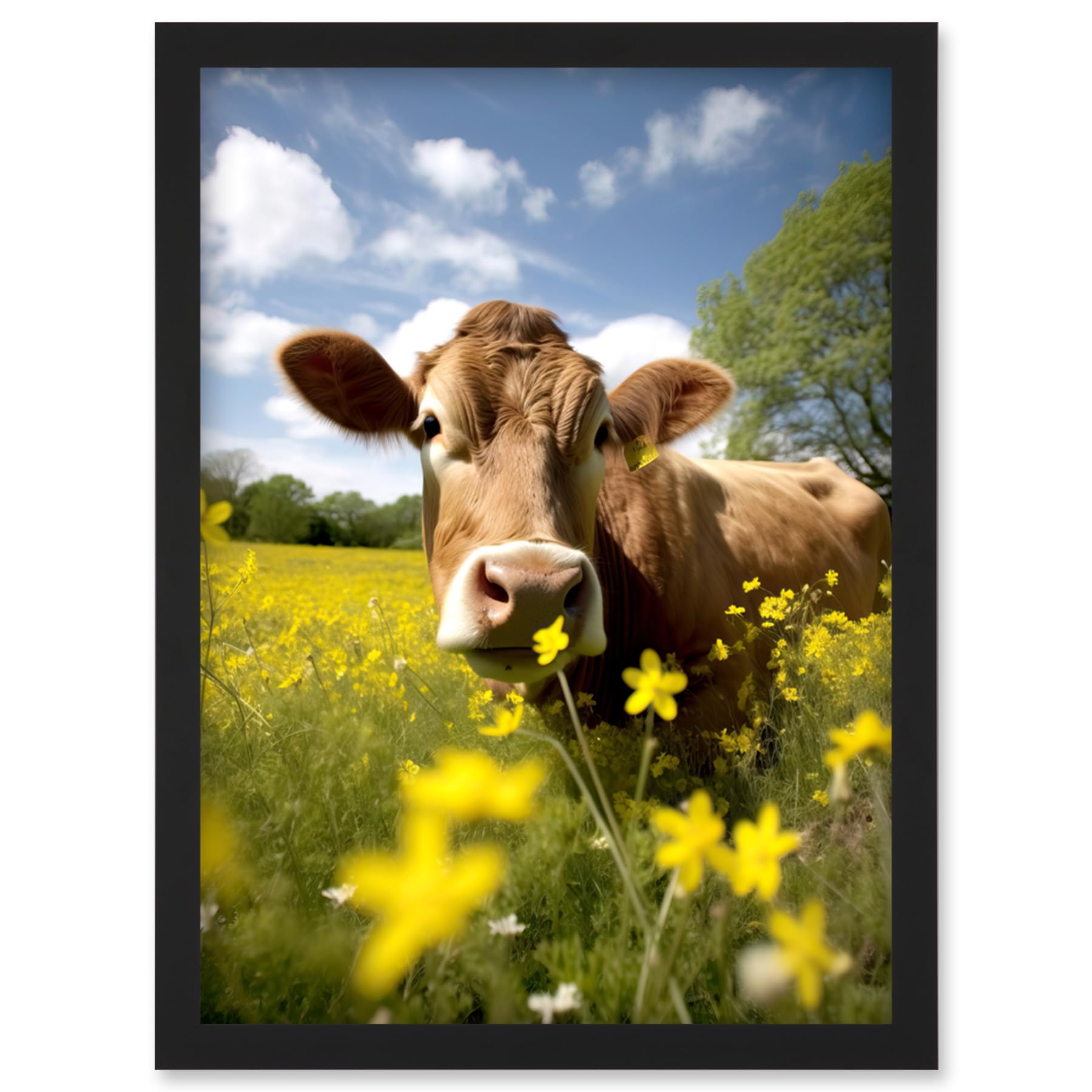 Artery8 Buttercup the Cow Photo Meadow Flowers Photograph Countryside Animal Spring Field Artwork Framed Wall Art Print A4