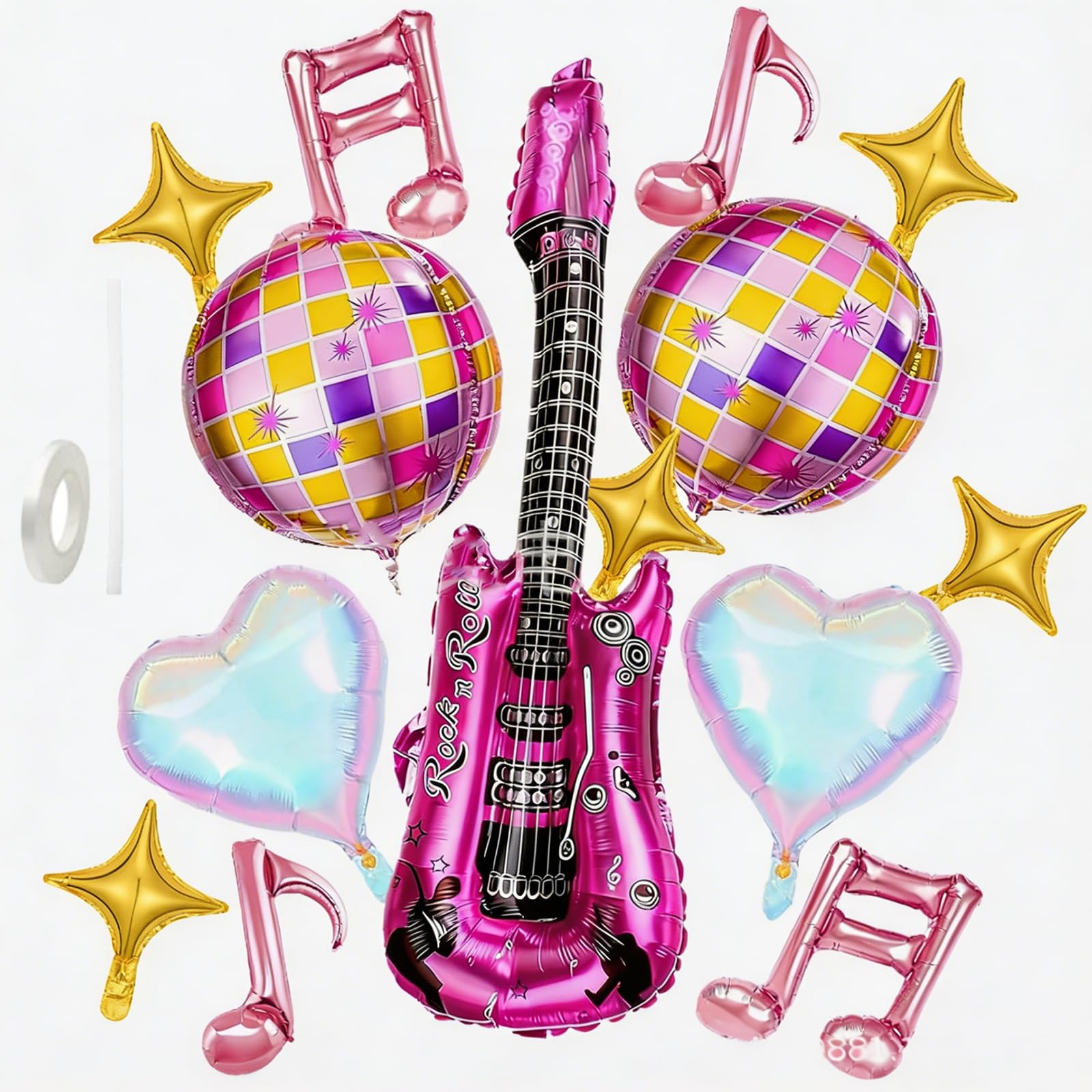 14 Pcs Disco Ball Balloons, Inflatable Disco Ball, Colorful Party Decorations Set, Guitar Balloon, Music Note Foil Balloon, Heart Star Balloon Kit with Tape for 2026Disco Rock Music Themed Party Decor