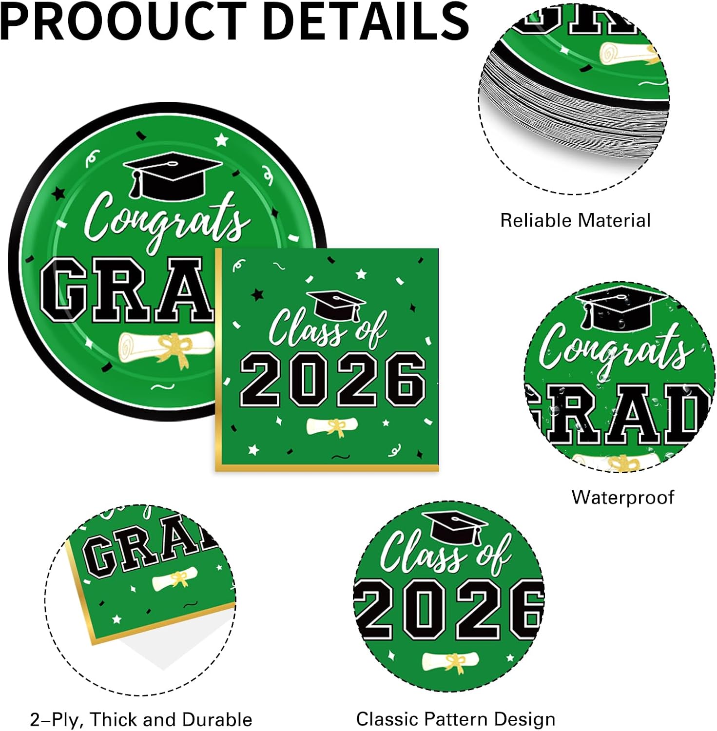 Labrostar Graduation Decorations 2026 Class of 2026 Congrats Grad Disposable Paper Plates Luncheon Napkins Cocktail Napkins Green Graduation Party Supplies Serve 50