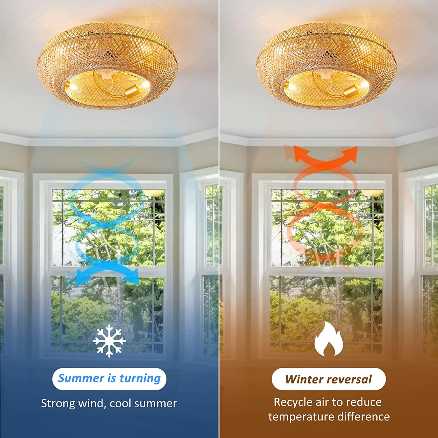 Ventilateur de Plafond Rétro E27 avec Lumière et Télécommande Silencieux Tissage Bambou Rotin Naturel pour Salon Chambre