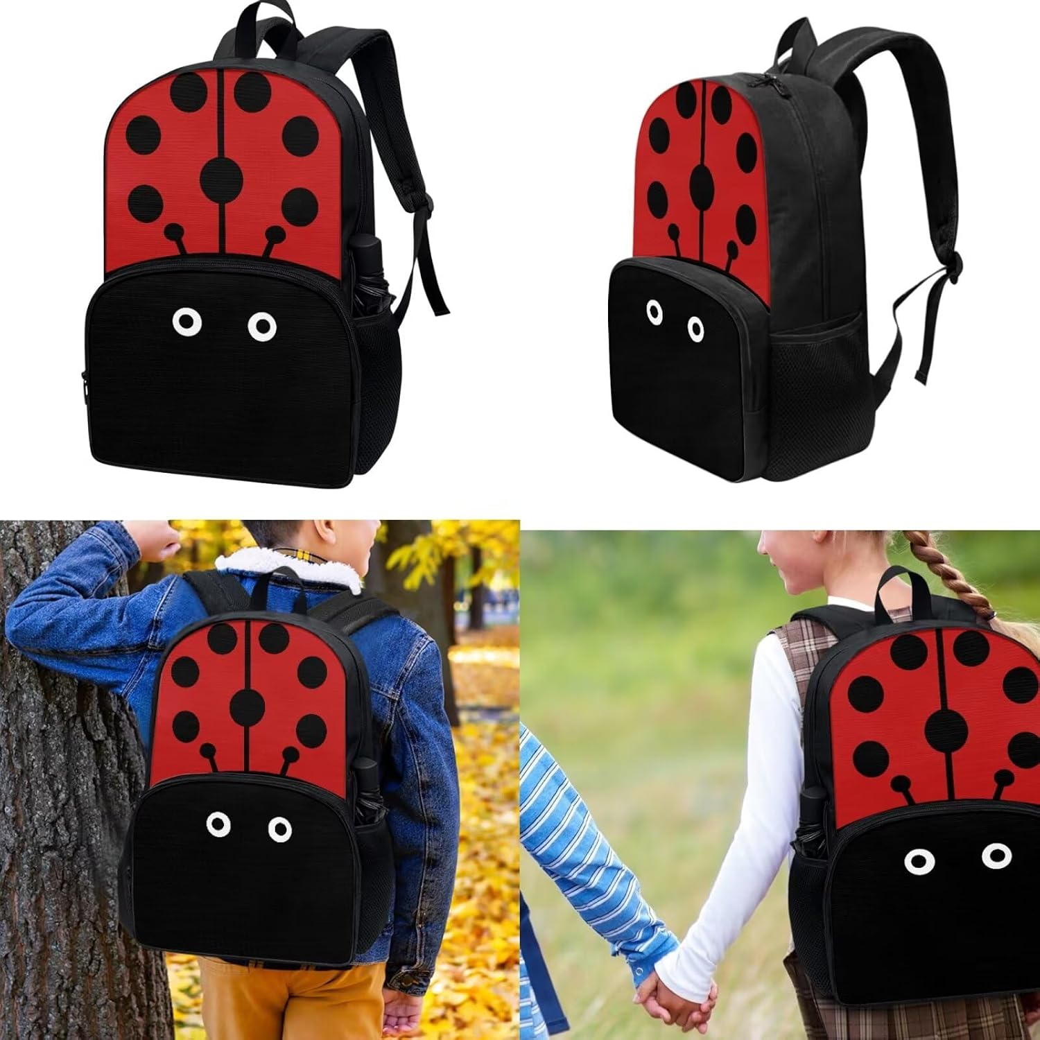 Tuoxiukan Ladybug Backpack for Girls with Lunchbox Box and Pencil Case and Water Bottle Sleeve Set of 4 Piece School Bookbag for Elementary School Girls Kids Rucksack with Laptop Compartment