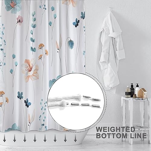 Miniatura 4 de Decoreagy Juego de cortinas de ducha con diseño floral de acuarela, cortinas de baño de flores verde azulado y naranja, cortina de baño moderna