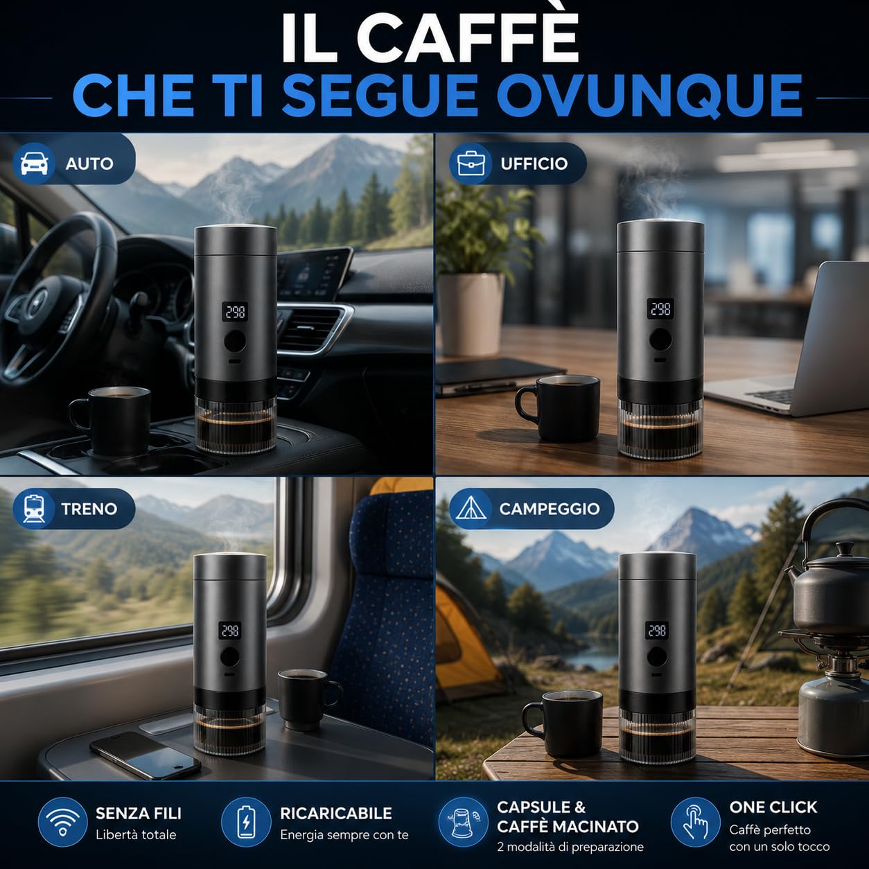Caffettiera Elettrica Portatile Wireless con Display Digitale, Compatibile con Capsule e Caffè Macinato, Macchina da Caffè Espresso Ricaricabile USB-C, One Click, Ideale per Viaggi, Auto e Campeggio