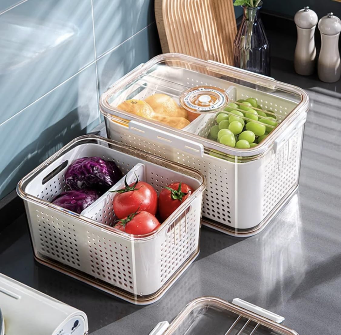 Frischhaltedose Kühlschrank, Vorratsdose mit Deckel, Organizer 3er Set (1,5L + 4L + 8,4L), Frischhaltefunktion, Datumsanzeige, Abtropfsieb, Aufbewahrung, Obst, Gemüse Küche, Haushalt & Wohnen