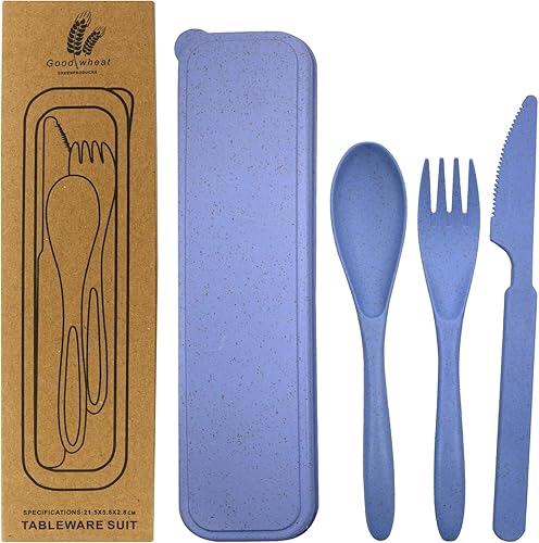 Miniatura 2 de BLUE TOP Cubiertos portátiles de paja de trigo para niños, juego de 4 utensilios de viaje reutilizables, cuchara y tenedor, ecológico, sin toxinas,
