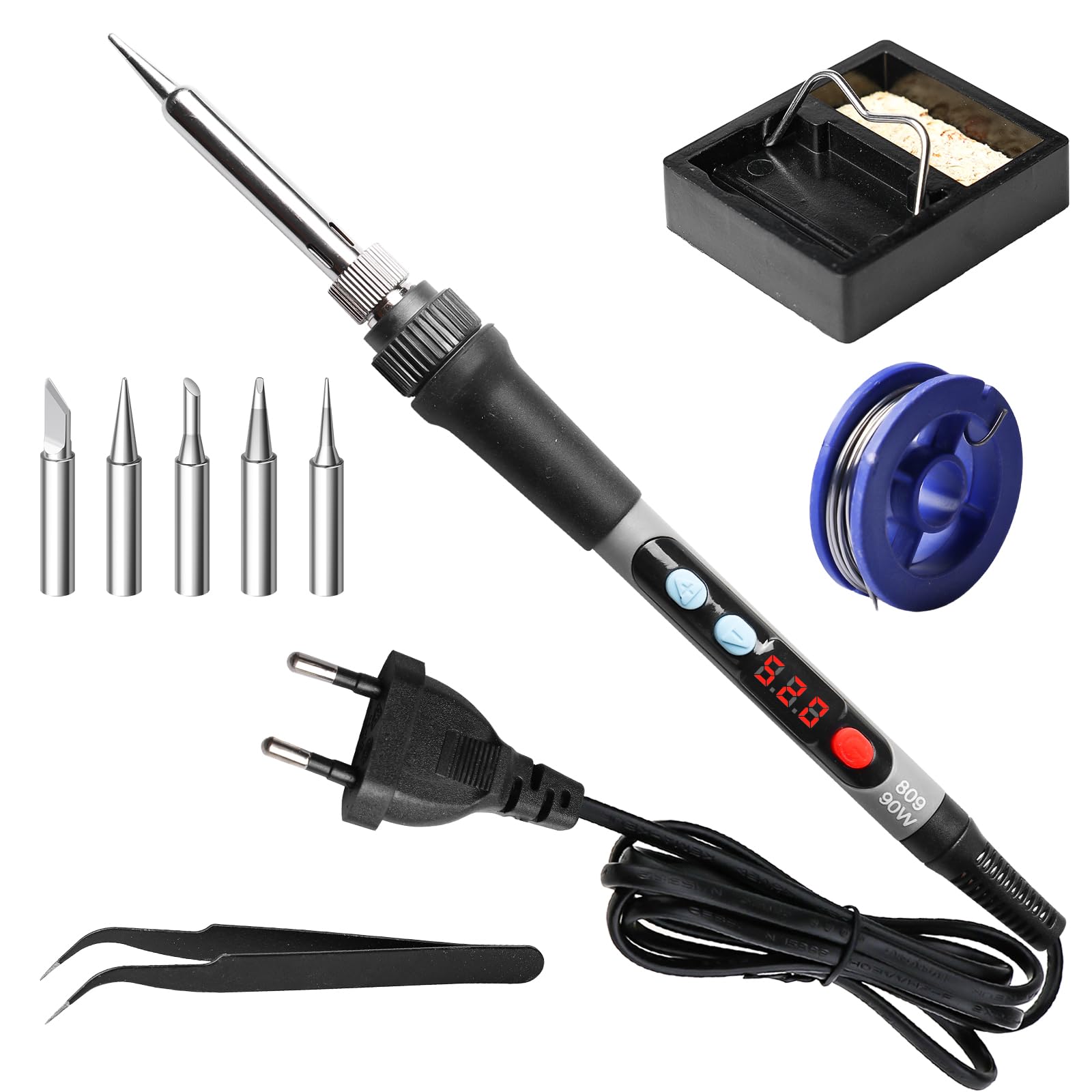 GOMETY Set saldatore: 1 pezzo da 90 W, temperatura regolabile 180 – 520 °C, saldatore con interruttore on/off, 5 punte di saldatura, supporto saldatore, stagno, pinzette per riparazioni elettroniche
