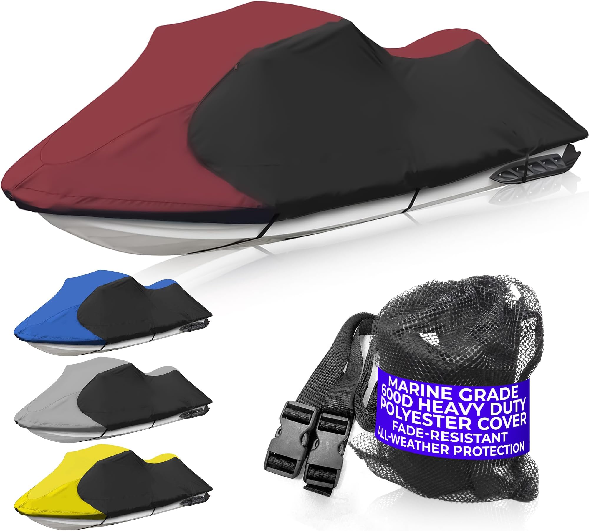 - Trailerable Jet Ski Cover, Waterproof Marine Grade 600D Heavy Duty Polyester PWC Cover Burgundy/Black Fits from 136"-145" 3 Seater