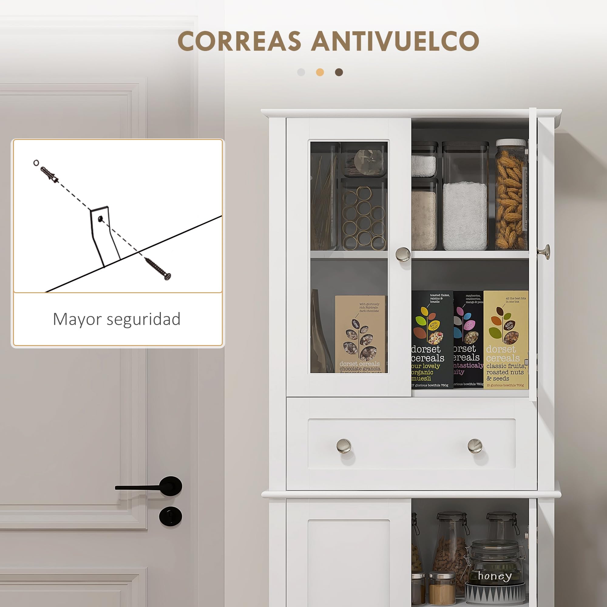 HOMCOM Alacena de Cocina Despensa con 2 Puertas 61x35x168,5 cm Blanco | Armario de Cocina, Vidrio Templado, Cajón, Estantes Ajustables, Aparador para Comedor
