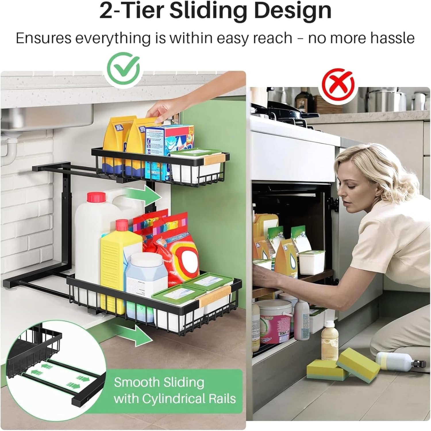 Metal Under Sink Sliding Shelf Organizer for Maximizing Cabinet Space in Kitchen and Bathroom