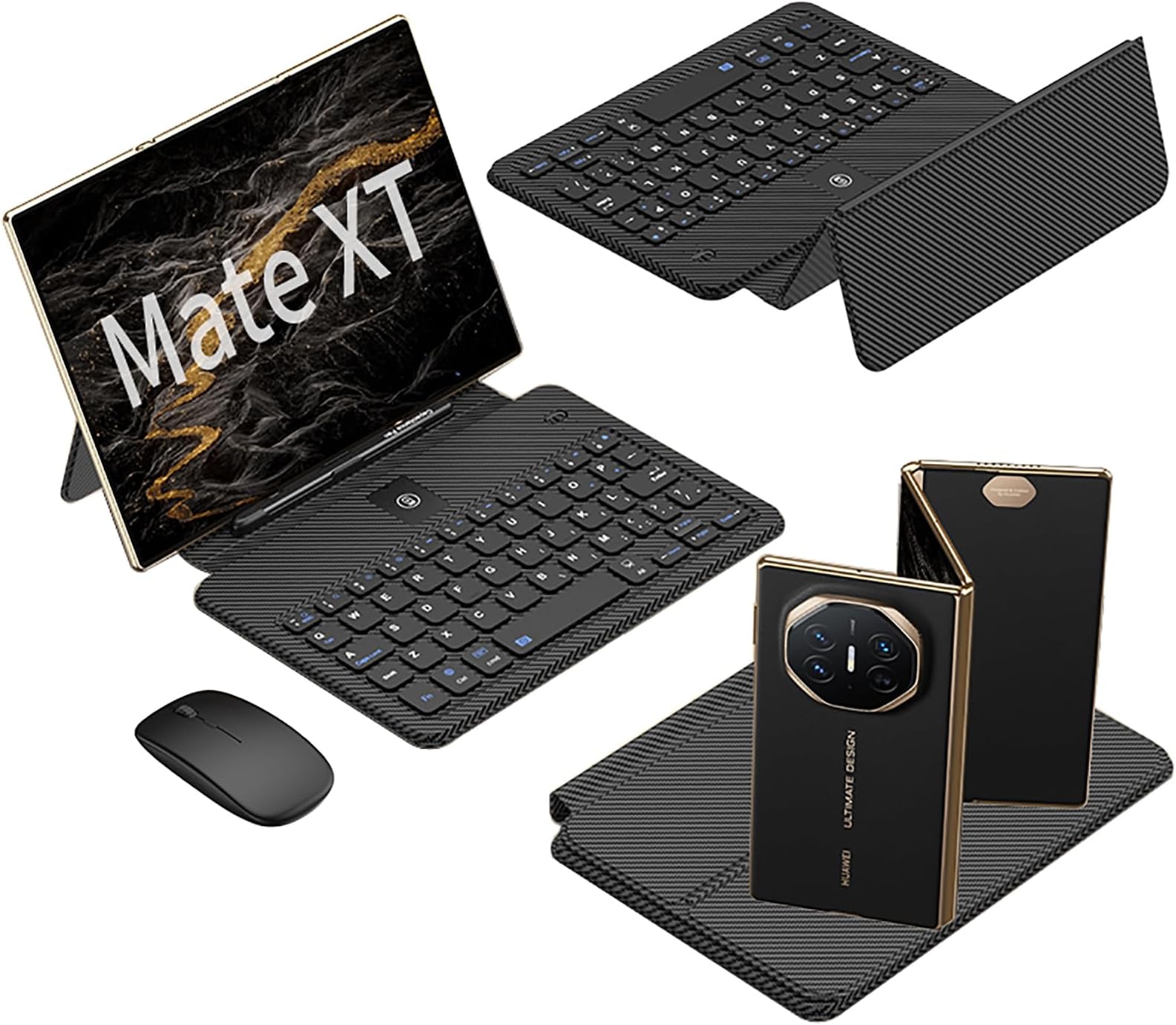 Gruattreay Compatible with Huawei Mate XT, Mobile Office Keyboard Kit, Full Leather Case Keyboard + Touch Pen + Wireless Bluetooth Mouse, Kit Case for Huawei Mate XT Ultimate (Carbon Fiber)