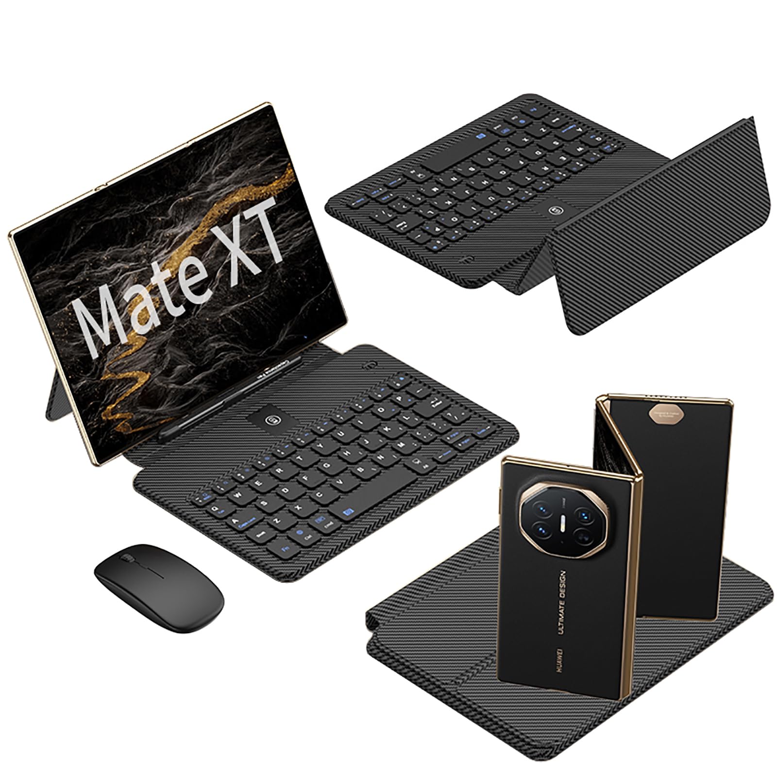 Gruattreay Compatible with Huawei Mate XT, Mobile Office Keyboard Kit, Full Leather Case Keyboard + Touch Pen + Wireless Bluetooth Mouse, Kit Case for Huawei Mate XT Ultimate (Carbon Fiber)